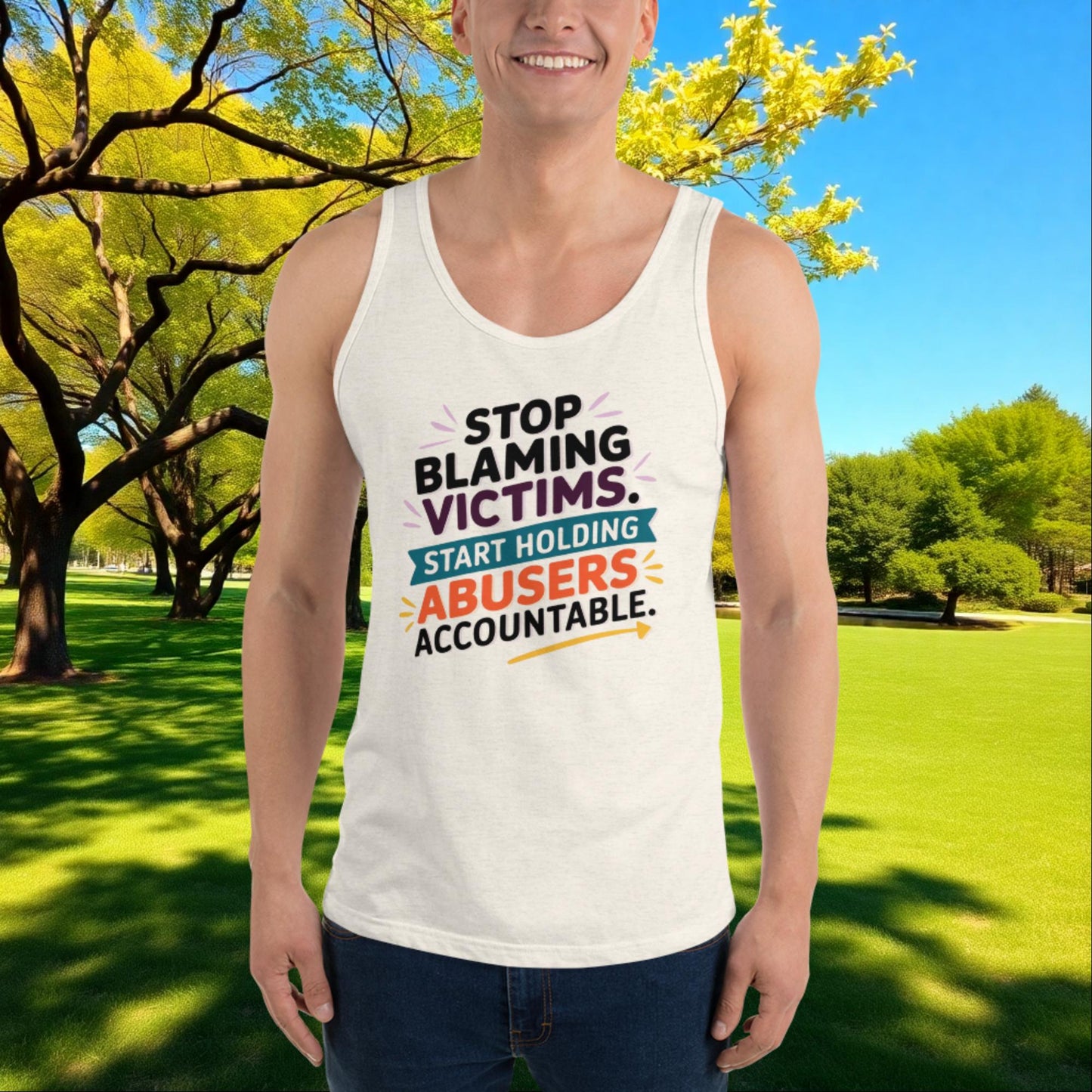 Stop Blaming Victims, Hold Abusers Accountable quote unisex tank top for survivor advocacy, justice, and empowerment