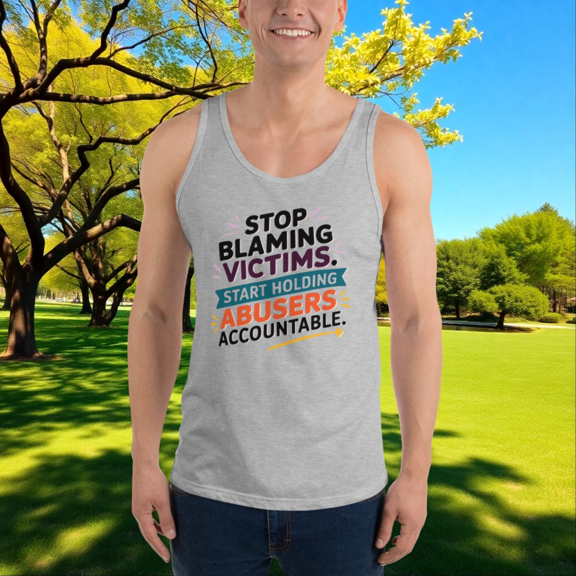 Stop Blaming Victims, Hold Abusers Accountable quote unisex tank top for survivor advocacy, justice, and empowerment