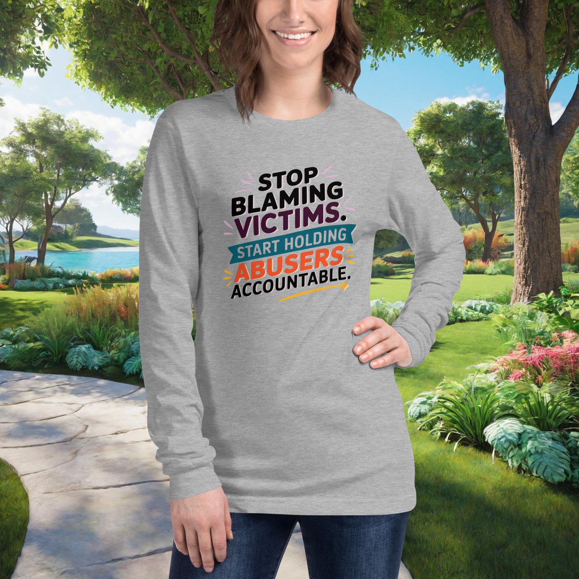 Stop Blaming Victims on Unisex Long Sleeve T-Shirt, domestic abuse advocacy, survivor empowerment, justice awareness tee