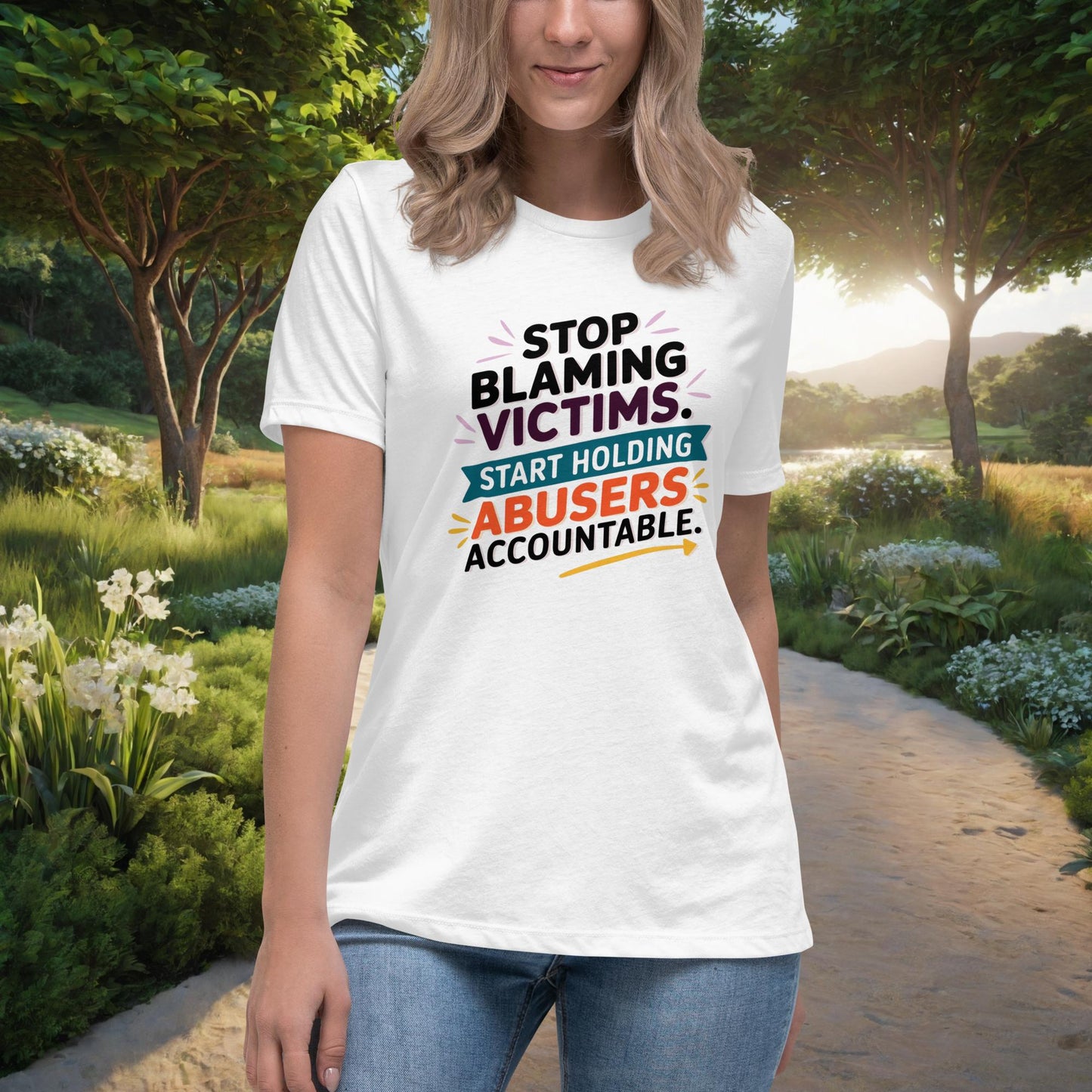 Stop Blaming Victims Women's Relaxed T-Shirt, Personalized Justice & Accountability Shirt for Domestic Abuse Awareness - MySisterIsASurvivor