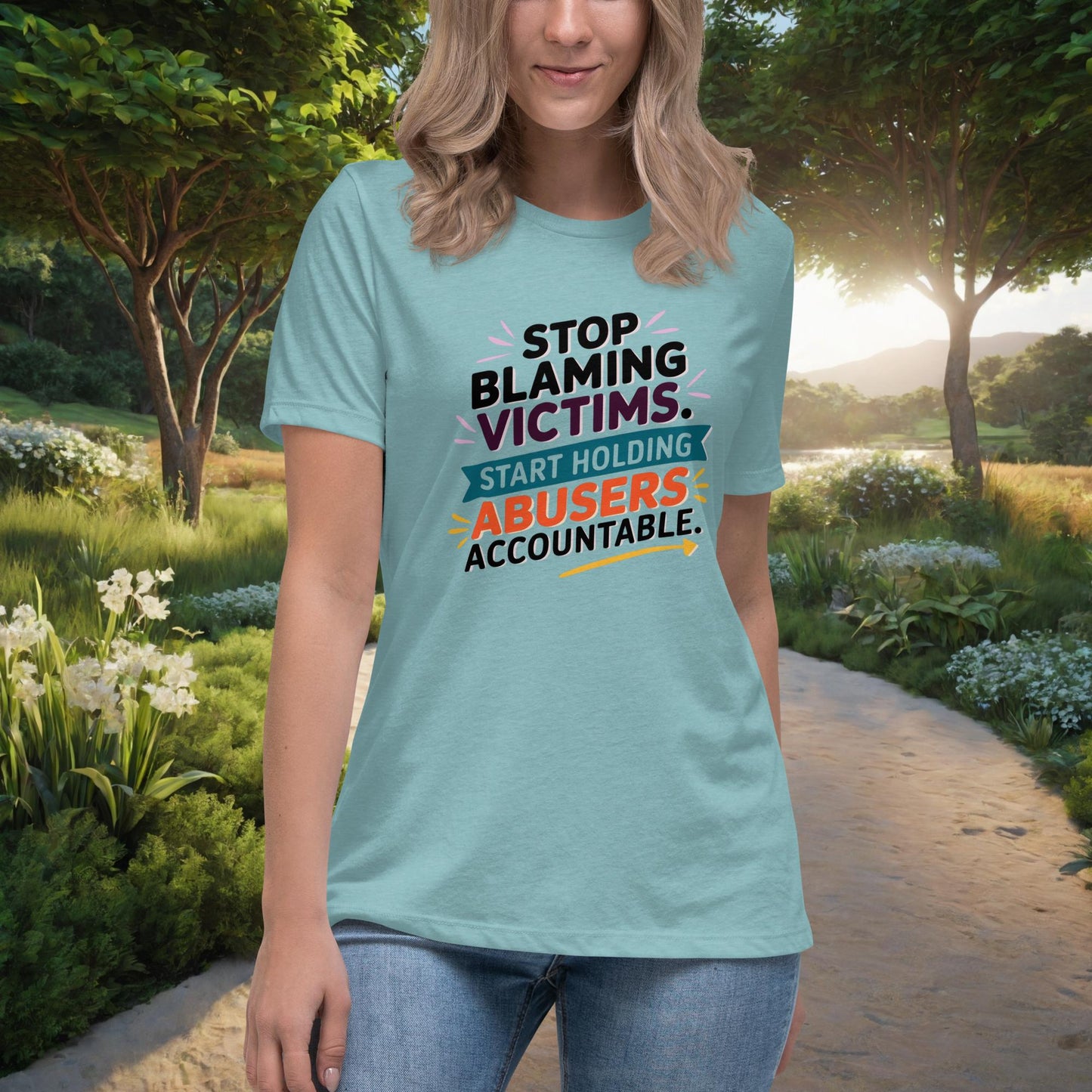 Stop Blaming Victims Women's Relaxed T-Shirt, Personalized Justice & Accountability Shirt for Domestic Abuse Awareness - MySisterIsASurvivor