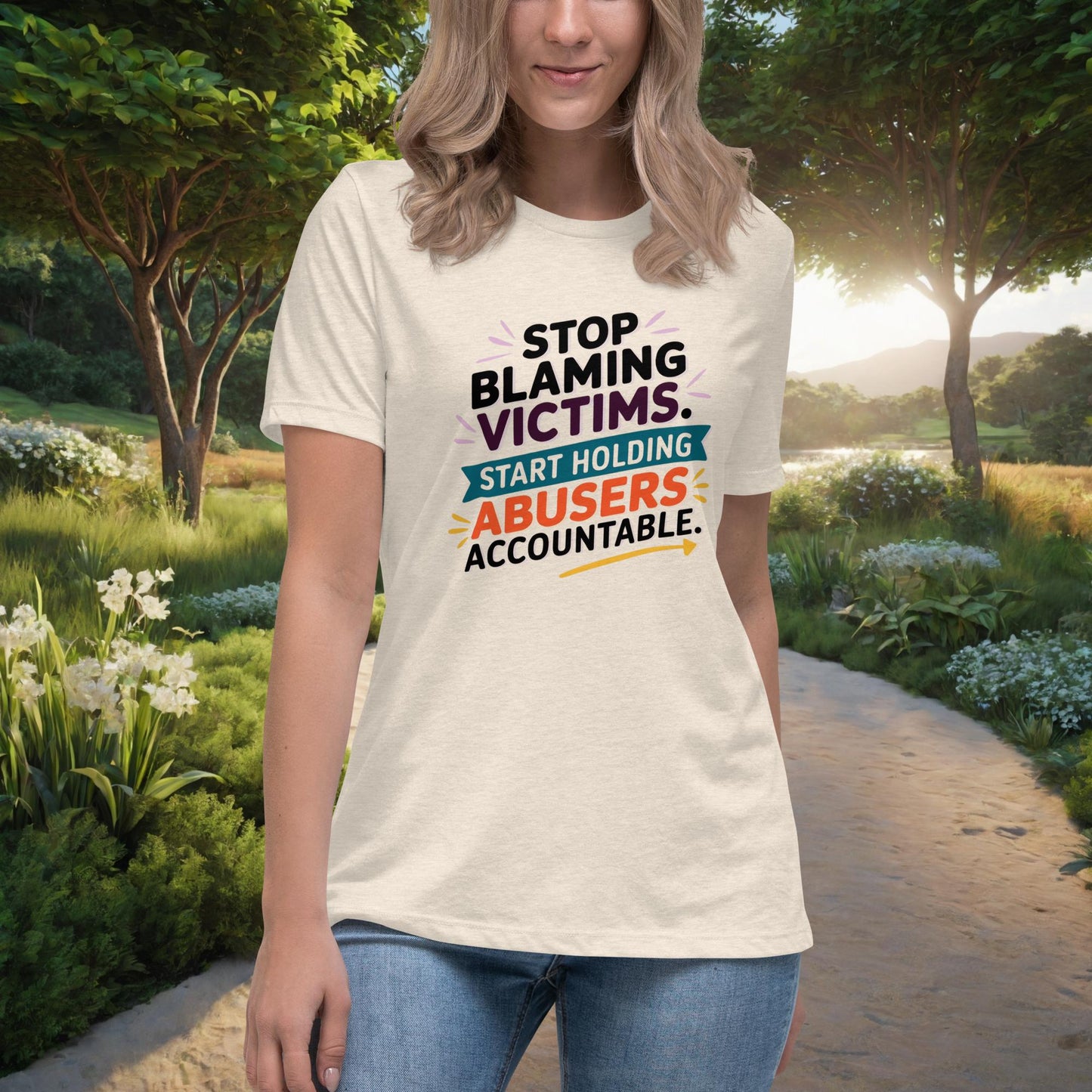 Stop Blaming Victims Women's Relaxed T-Shirt, Personalized Justice & Accountability Shirt for Domestic Abuse Awareness - MySisterIsASurvivor