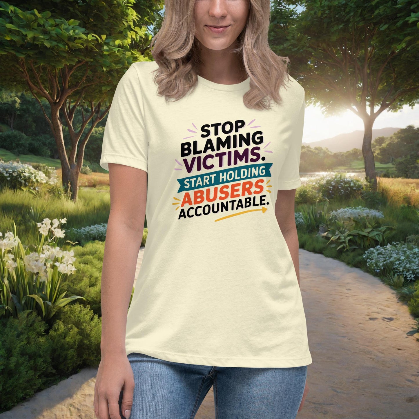 Stop Blaming Victims Women's Relaxed T-Shirt, Personalized Justice & Accountability Shirt for Domestic Abuse Awareness - MySisterIsASurvivor