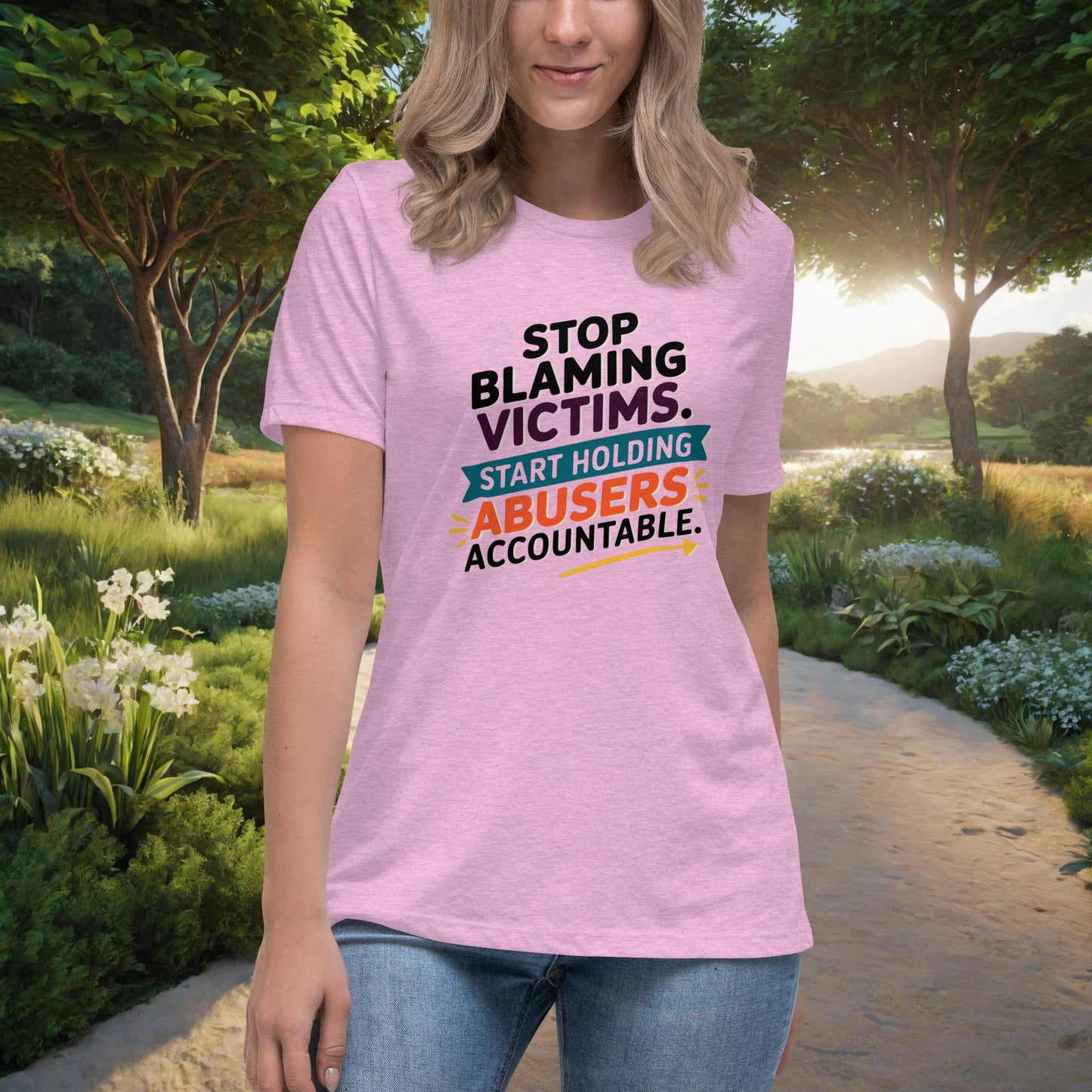 Stop Blaming Victims Women's Relaxed T-Shirt, Personalized Justice & Accountability Shirt for Domestic Abuse Awareness - MySisterIsASurvivor