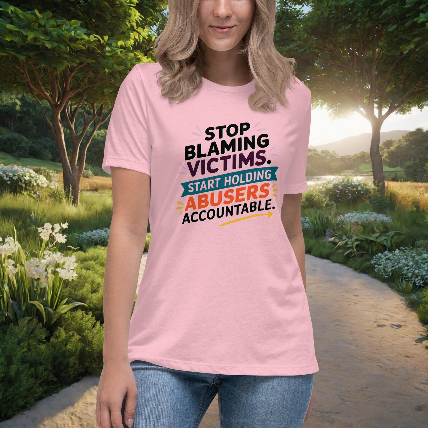 Stop Blaming Victims Women's Relaxed T-Shirt, Personalized Justice & Accountability Shirt for Domestic Abuse Awareness - MySisterIsASurvivor
