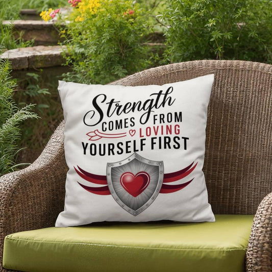 Shop our strength comes from loving yourself self care pillow featuring the 18" x 18" style option from MySisterIsASurvivor.