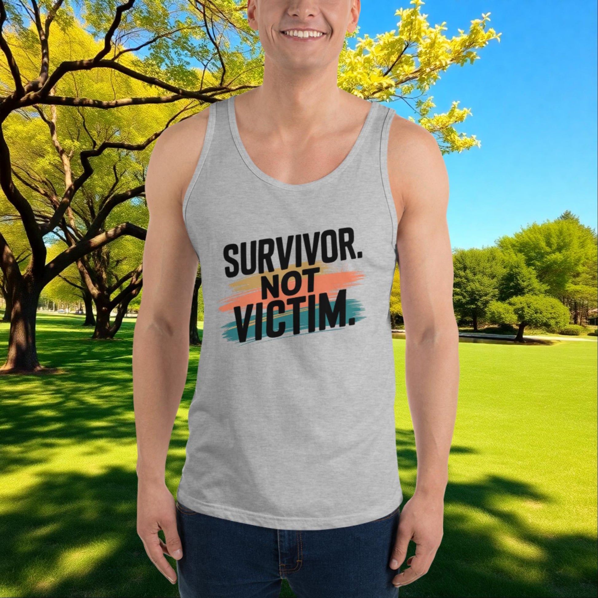 Survivor, Not Victim quote unisex tank top, domestic violence awareness, survivor empowerment, and advocacy apparel