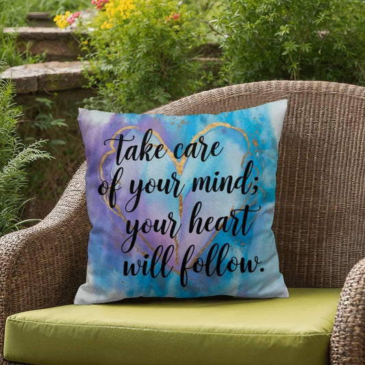 Shop our take care of your mind self care pillow featuring the 18" x 18" style option from MySisterIsASurvivor.