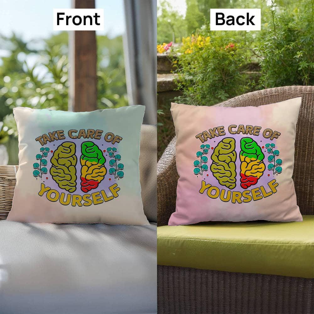 Shop our premium take care of yourself indoor outdoor pillow from MySisterIsASurvivor.