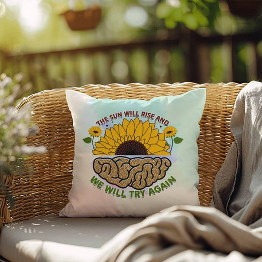 Shop our the sun will rise indoor outdoor pillow featuring the 18" x 18" style option from MySisterIsASurvivor.