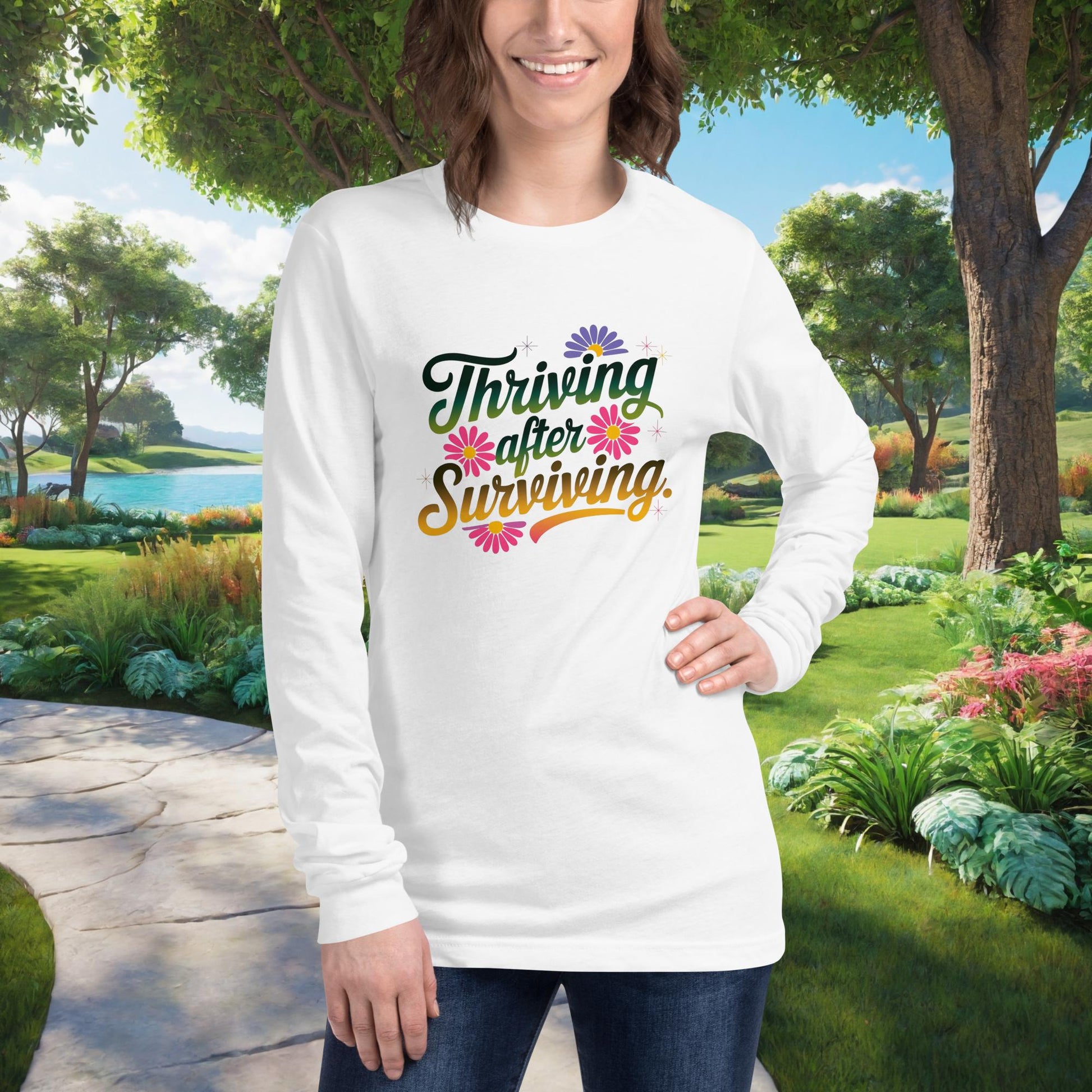 Thriving After Surviving on Unisex Long Sleeve T-Shirt, survivor strength, abuse recovery, empowerment support tee