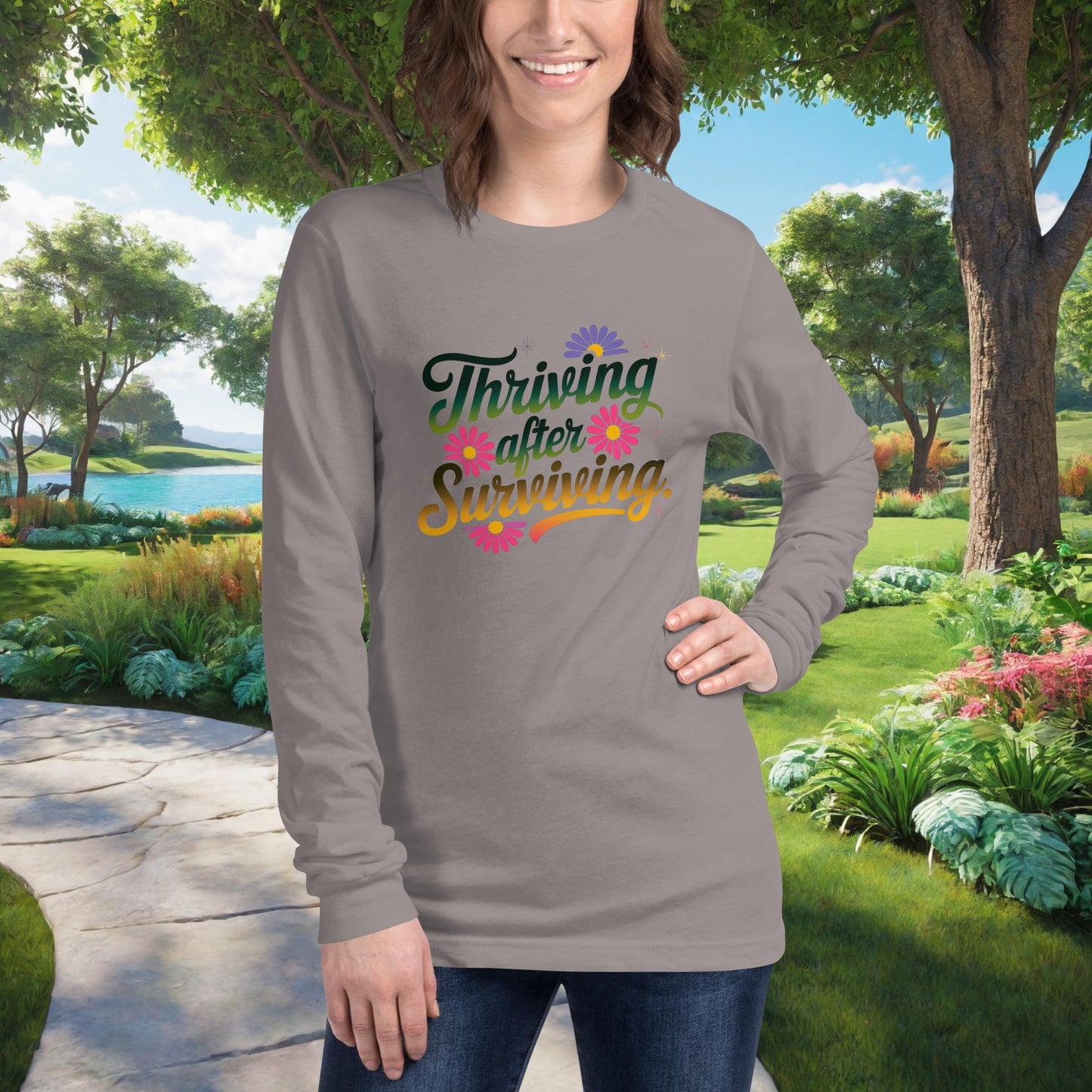 Thriving After Surviving on Unisex Long Sleeve T-Shirt, survivor strength, abuse recovery, empowerment support tee