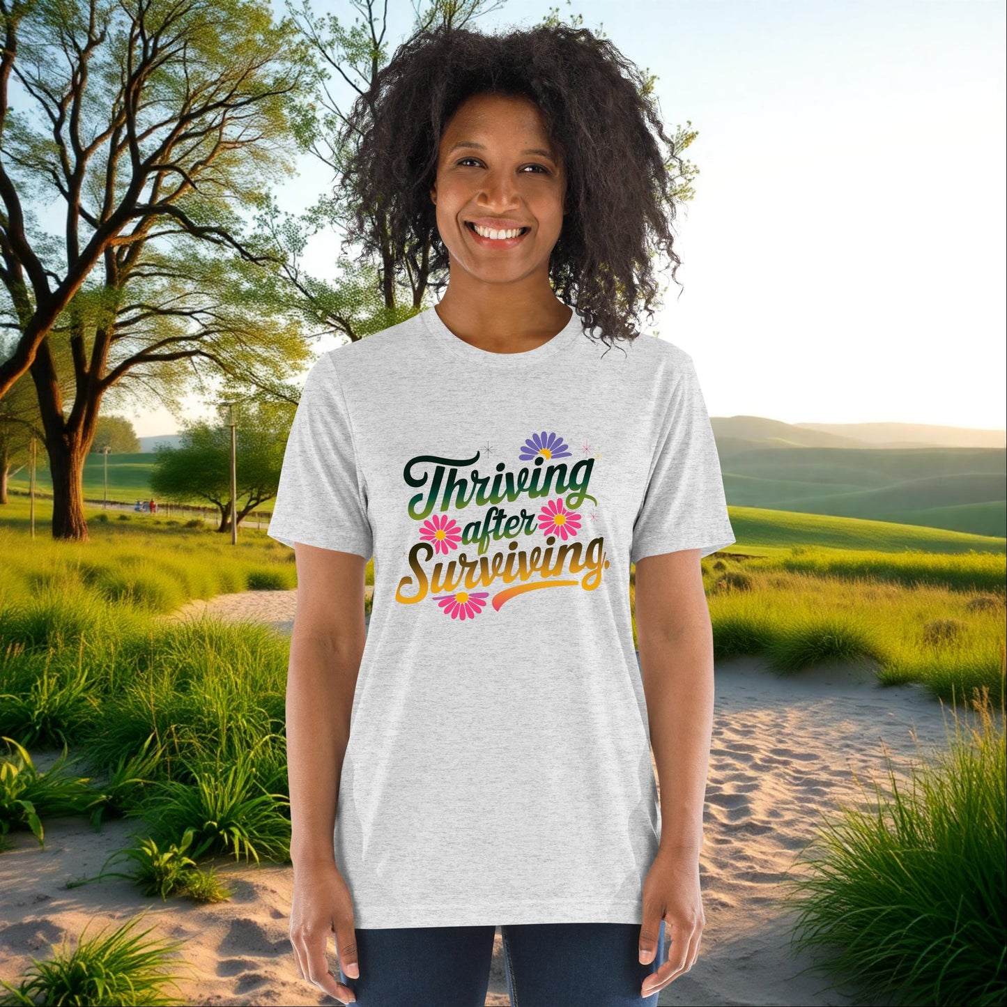 Thriving After Surviving on Unisex Tri-Blend T-Shirt, healing, empowerment, survivor support gift