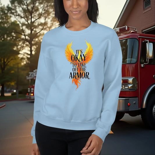 It's Okay to Take Off the Armor - Firefighter Crew Neck Sweatshirt for Mental Health and Self-Care Advocacy