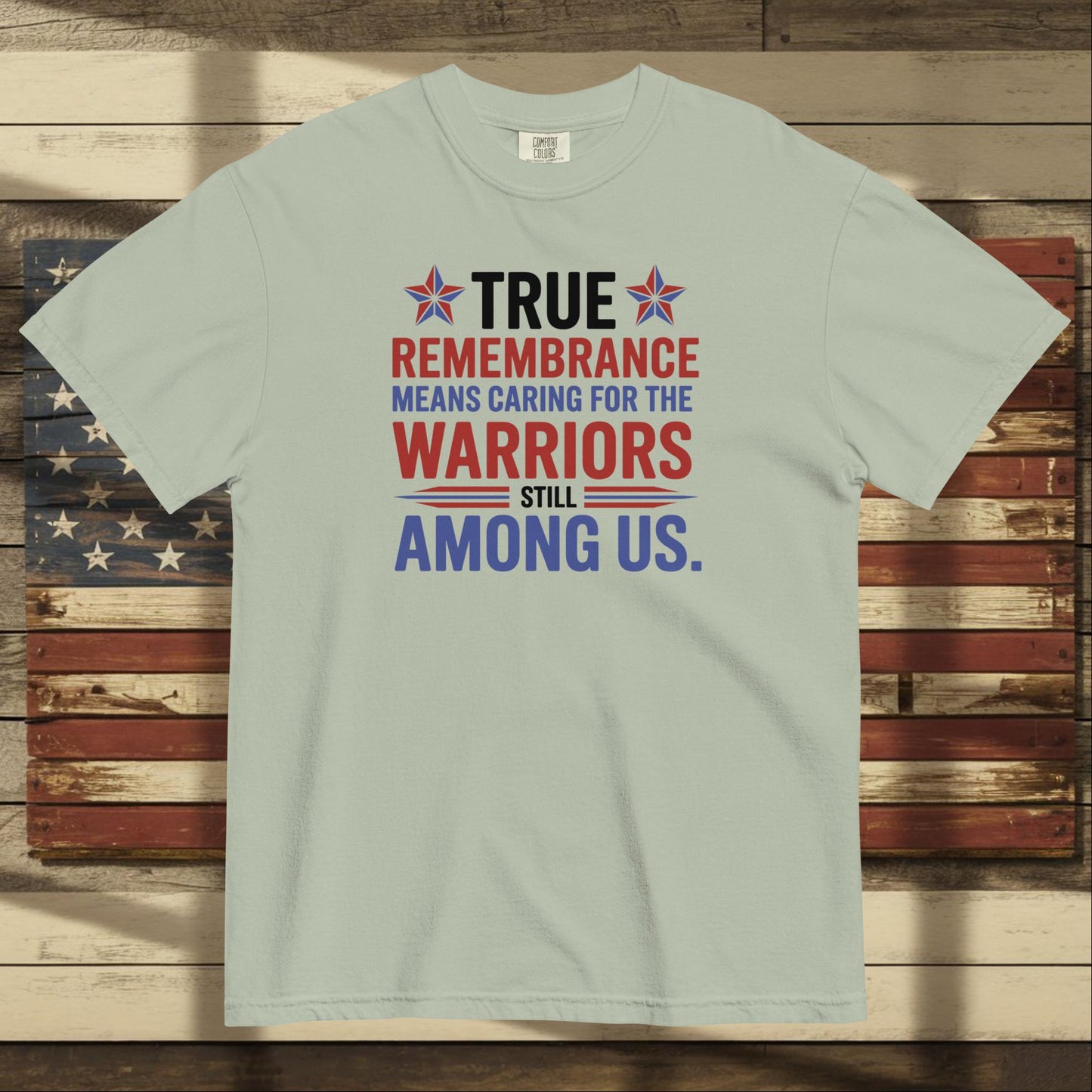 True Remembrance Means Caring heavyweight t-shirt for PTSD awareness and personalized tribute to veterans