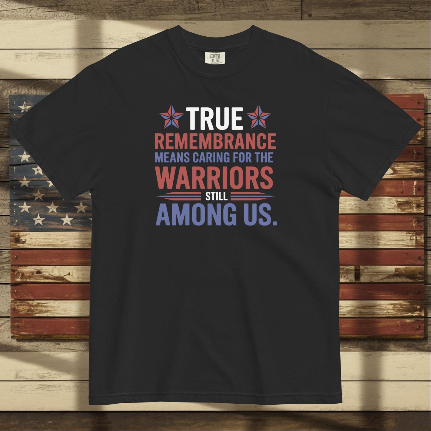 True Remembrance Means Caring heavyweight t-shirt for PTSD awareness and personalized tribute to veterans