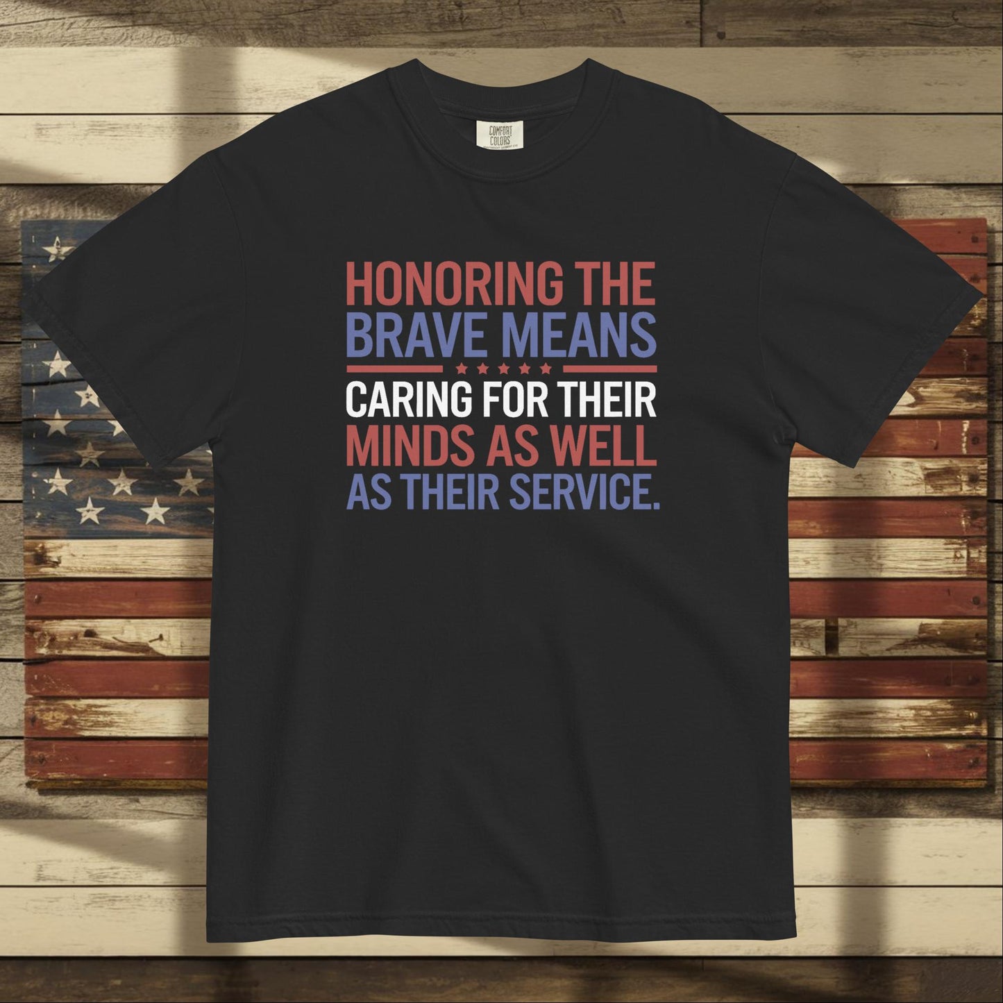 Honoring the Brave heavyweight t-shirt honoring veterans, service members, and mental health awareness