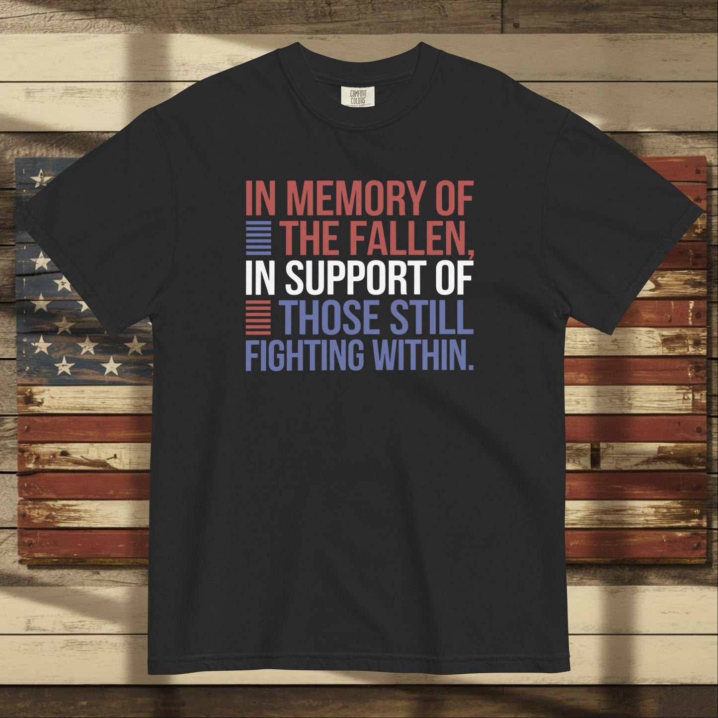 In Memory of the Fallen heavyweight t-shirt with veteran loss tribute and personalized PTSD awareness