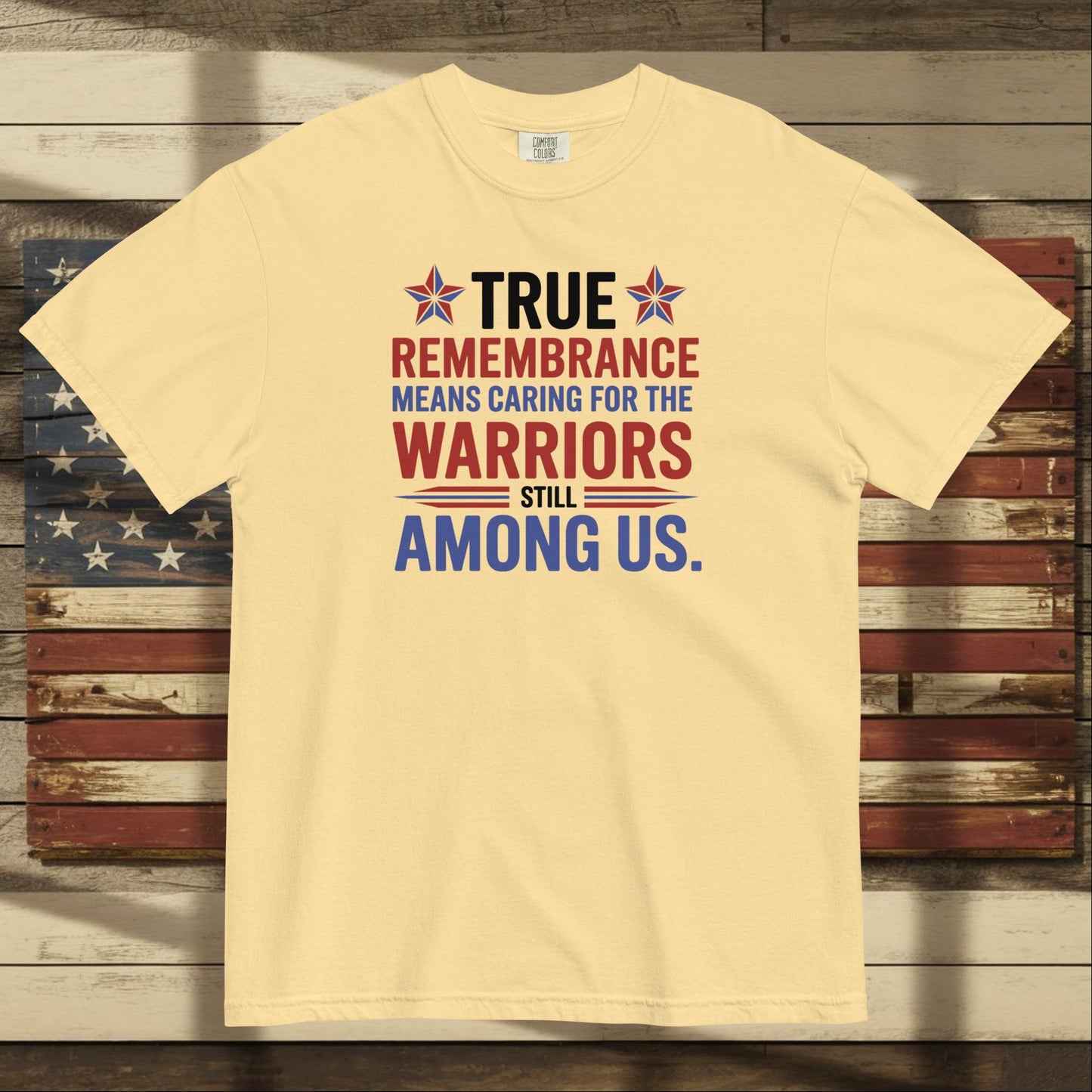 True Remembrance Means Caring heavyweight t-shirt for PTSD awareness and personalized tribute to veterans