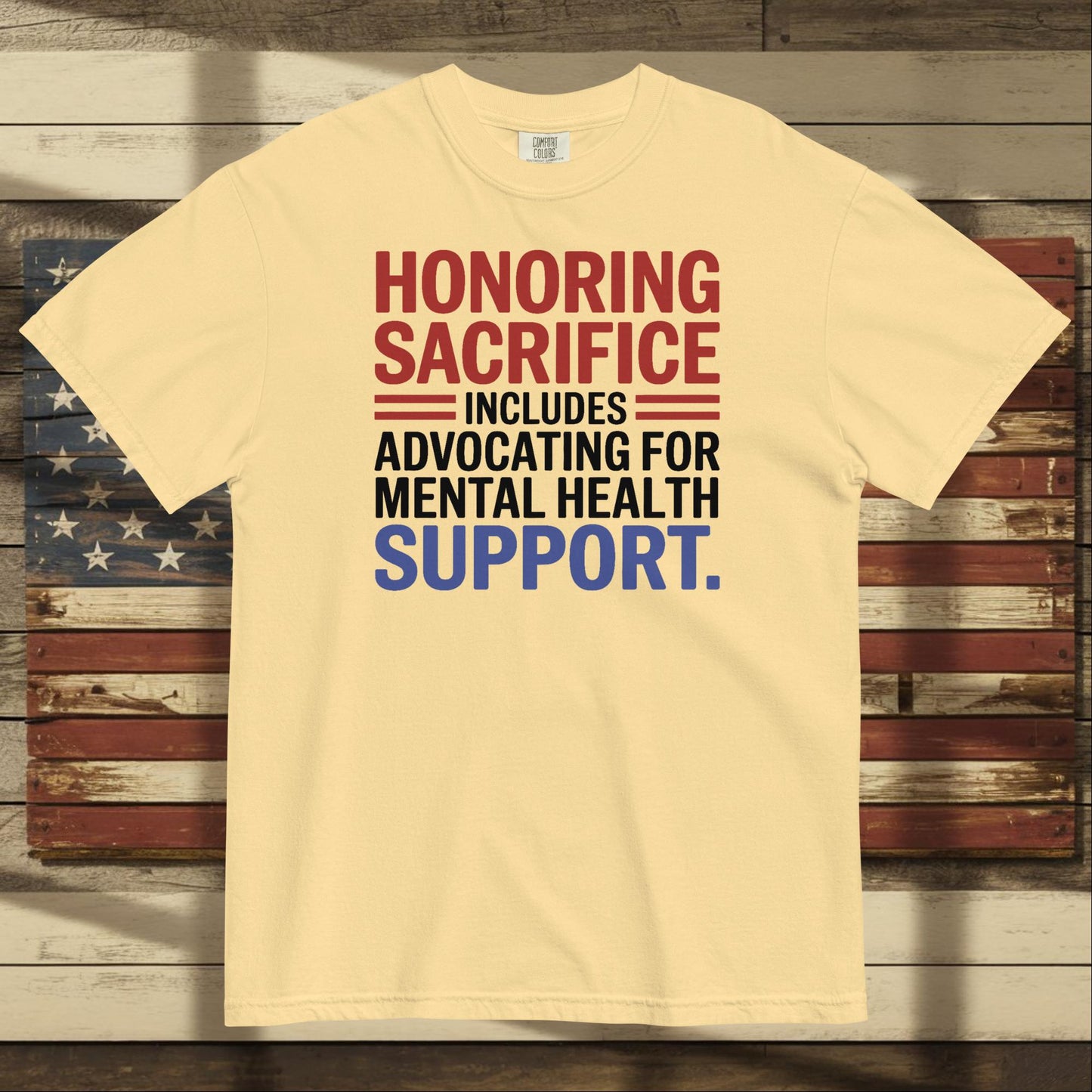 Honoring Sacrifice heavyweight t-shirt for military families, PTSD support, and patriotic remembrance