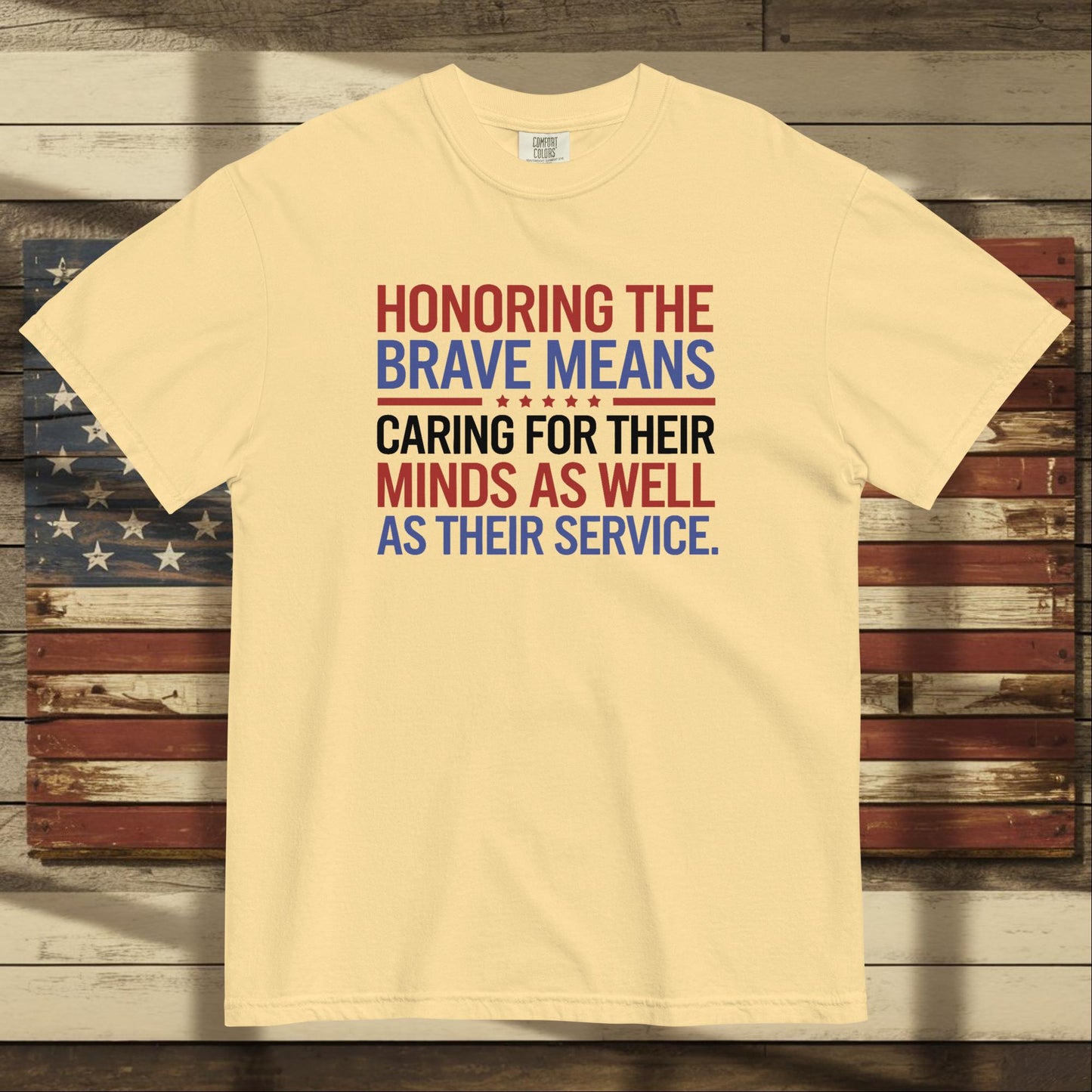 Honoring the Brave heavyweight t-shirt honoring veterans, service members, and mental health awareness