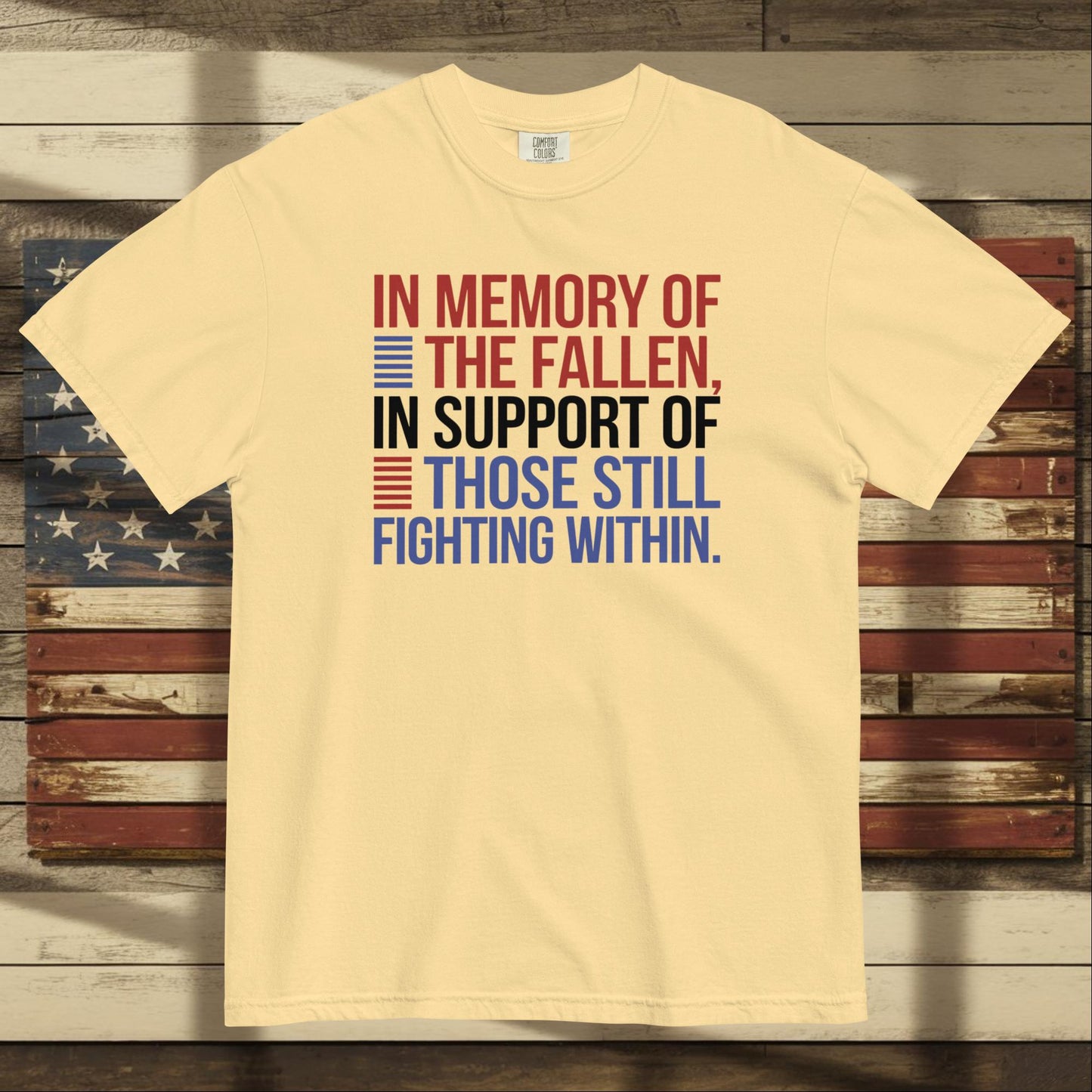 In Memory of the Fallen heavyweight t-shirt with veteran loss tribute and personalized PTSD awareness