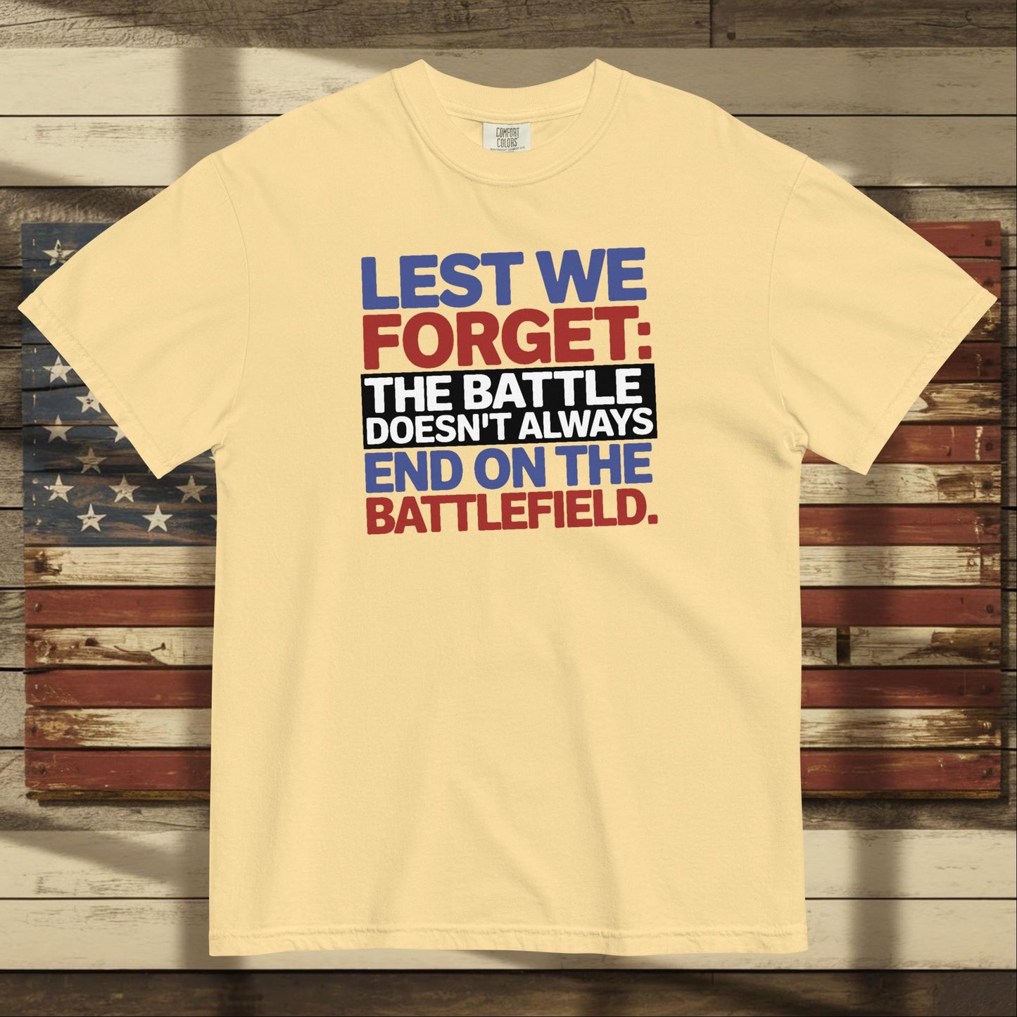 Lest We Forget heavyweight t-shirt for honoring military service and mental health support