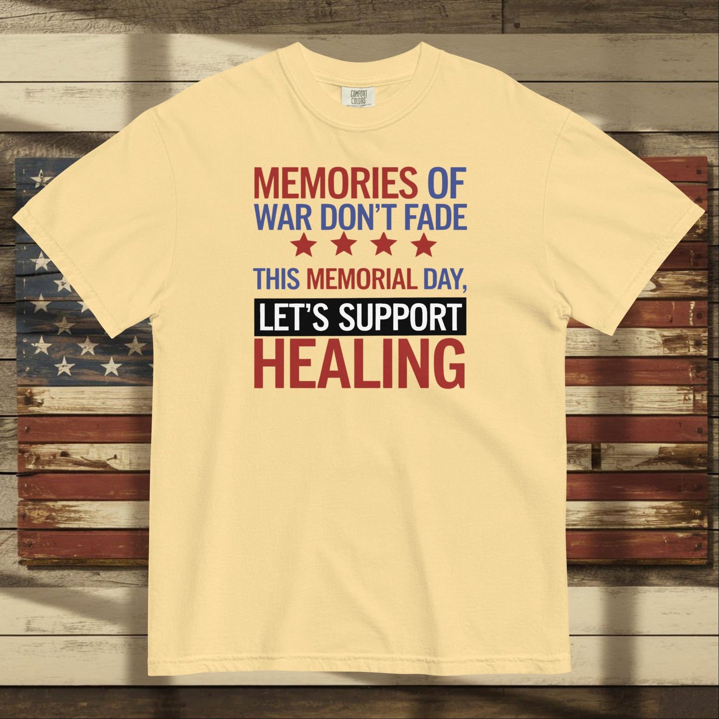 Memories of War Don’t Fade heavyweight t-shirt supporting PTSD awareness and military remembrance