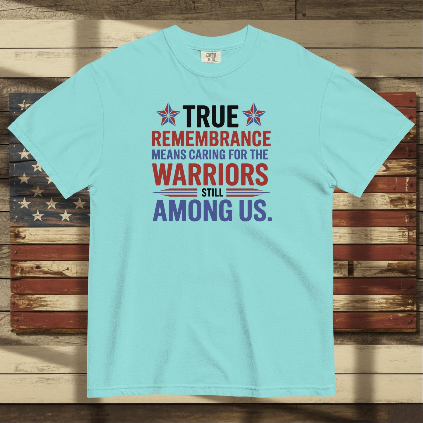 True Remembrance Means Caring heavyweight t-shirt for PTSD awareness and personalized tribute to veterans