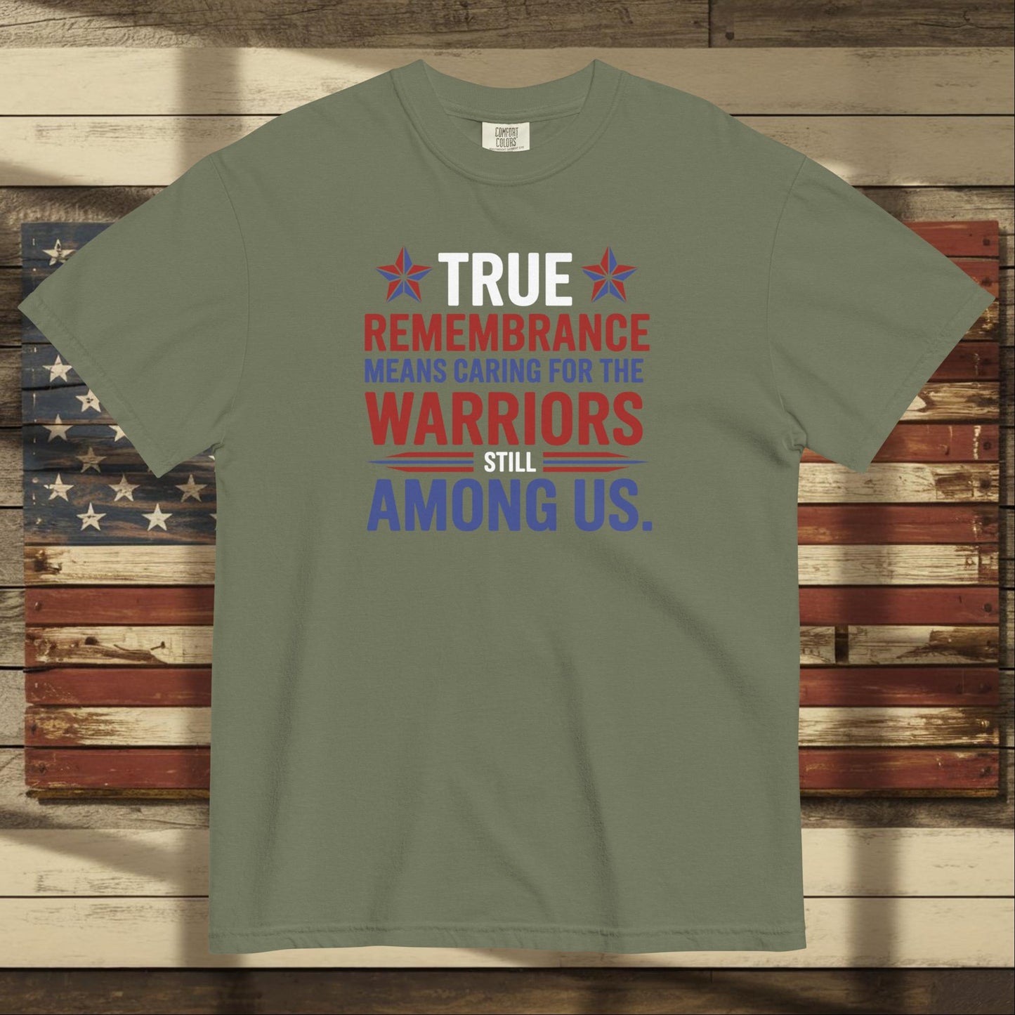 True Remembrance Means Caring heavyweight t-shirt for PTSD awareness and personalized tribute to veterans