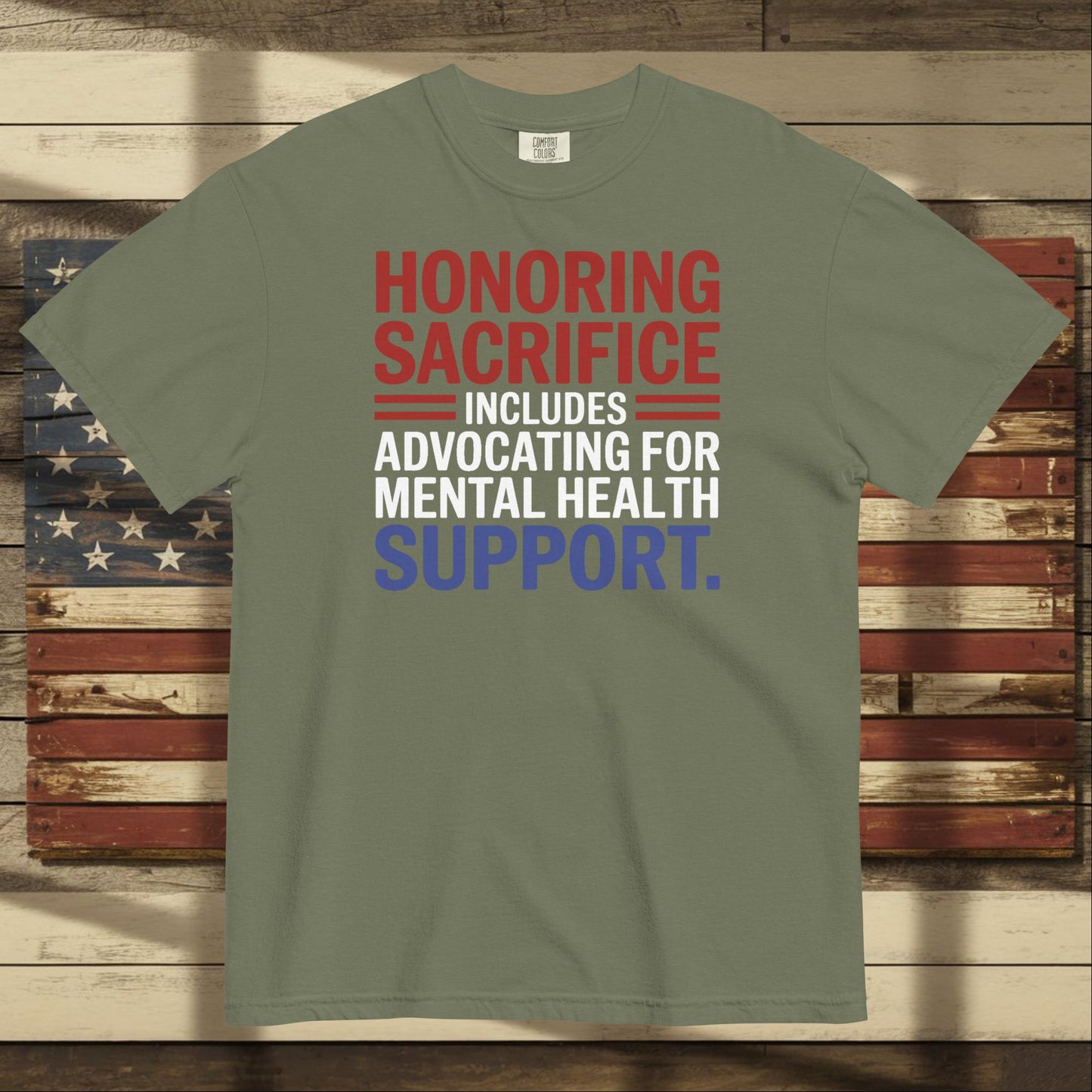 Honoring Sacrifice heavyweight t-shirt for military families, PTSD support, and patriotic remembrance