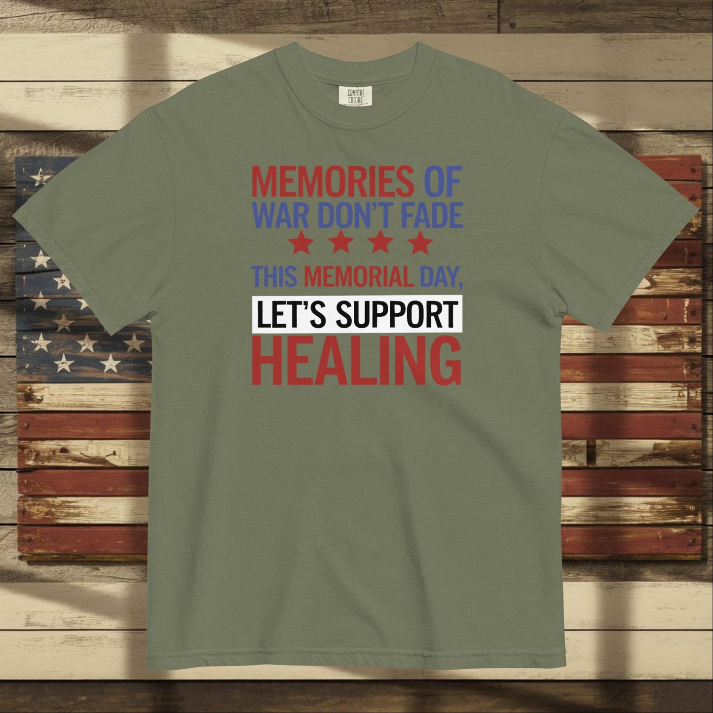 Memories of War Don’t Fade heavyweight t-shirt supporting PTSD awareness and military remembrance