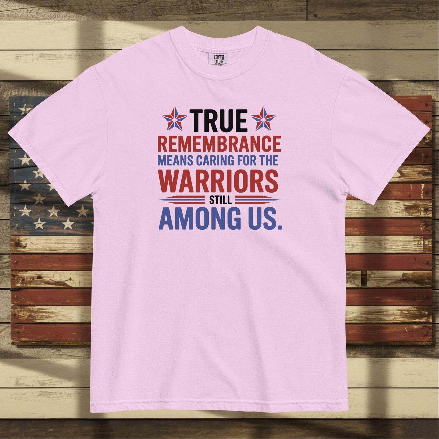 True Remembrance Means Caring heavyweight t-shirt for PTSD awareness and personalized tribute to veterans