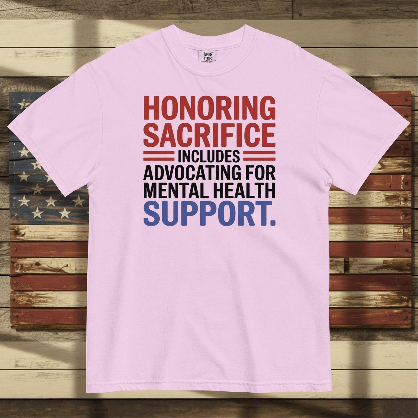Honoring Sacrifice heavyweight t-shirt for military families, PTSD support, and patriotic remembrance