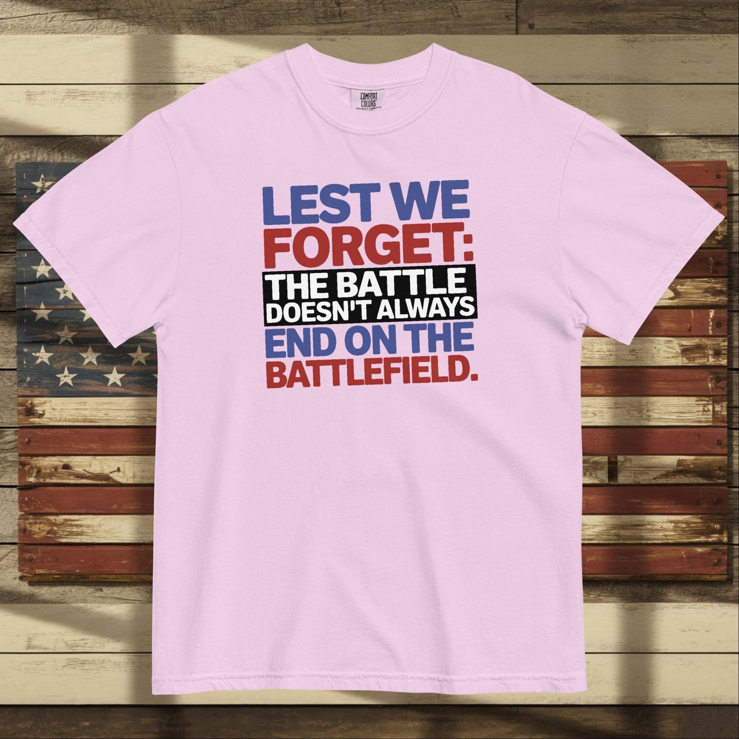 Lest We Forget heavyweight t-shirt for honoring military service and mental health support