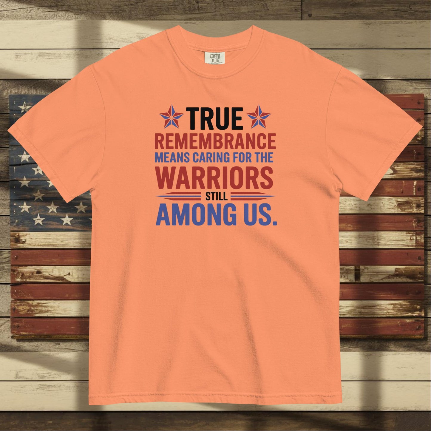 True Remembrance Means Caring heavyweight t-shirt for PTSD awareness and personalized tribute to veterans