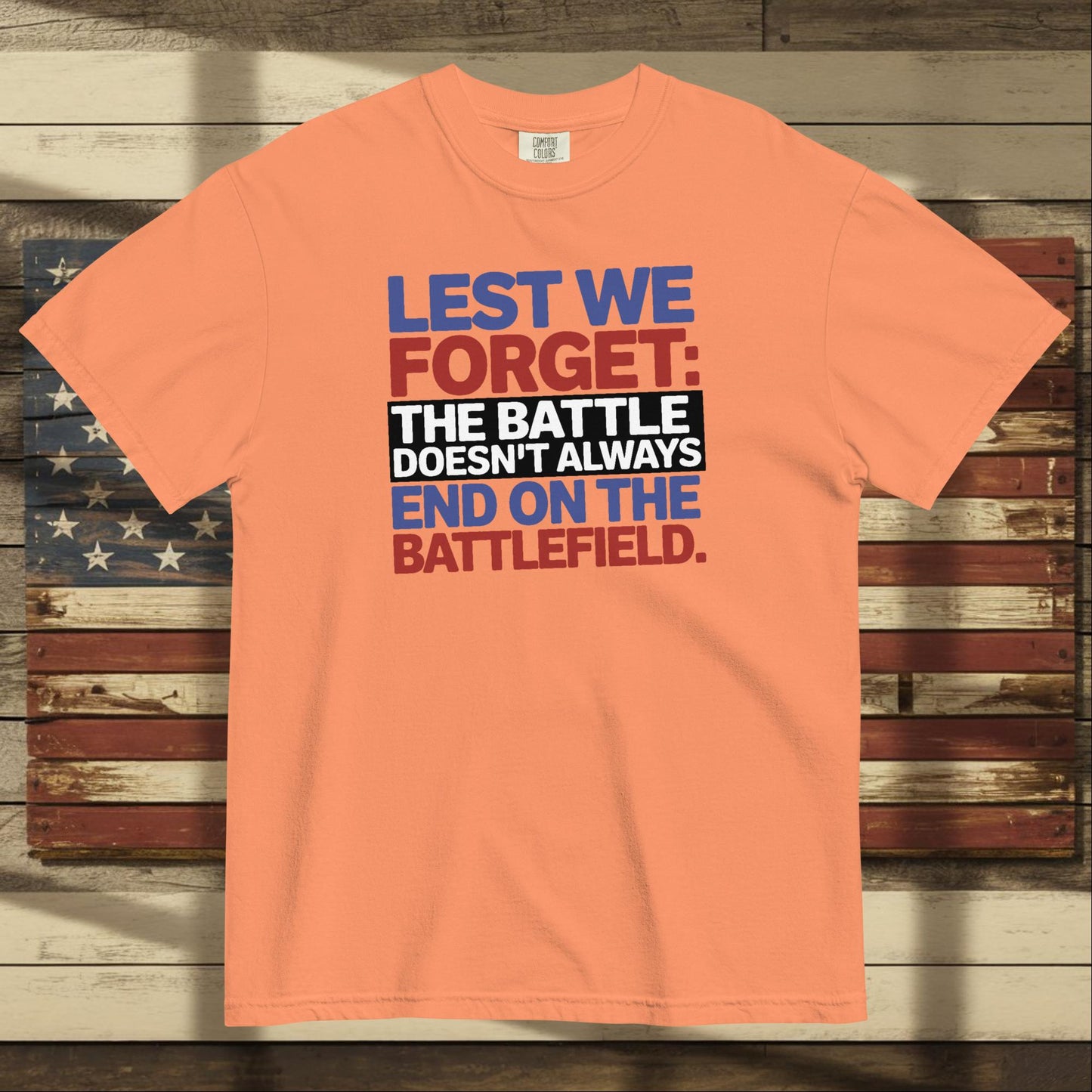 Lest We Forget heavyweight t-shirt for honoring military service and mental health support