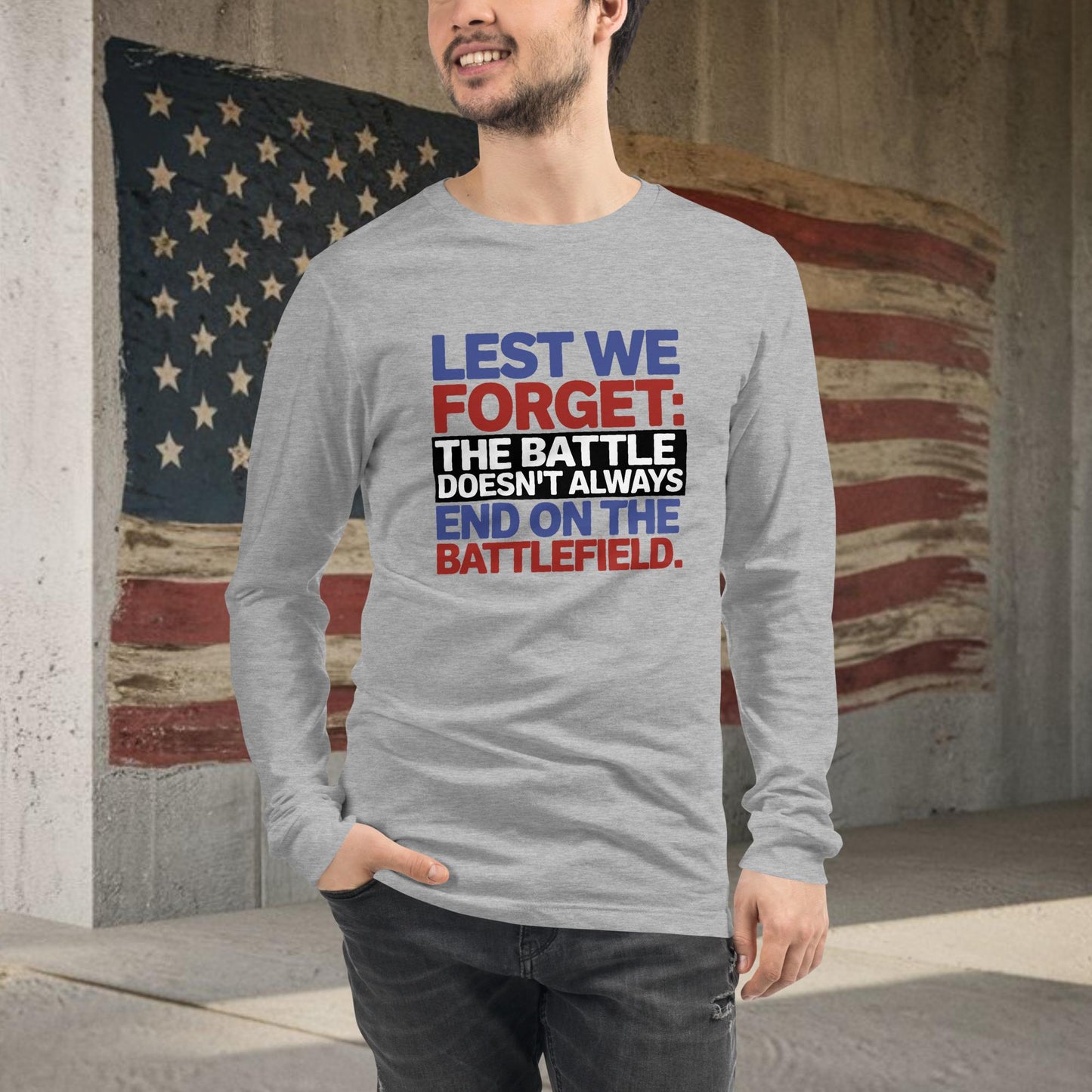 Lest We Forget shirt supporting veterans' PTSD awareness and mental health care