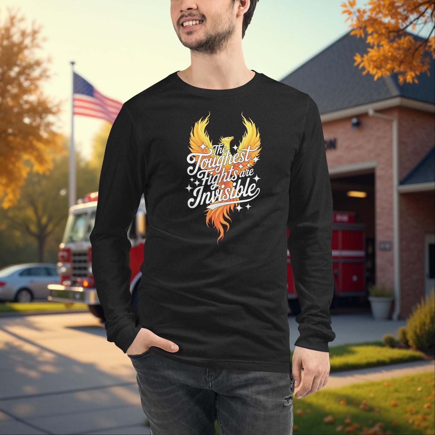 The Toughest Fights Are Invisible Firefighter PTSD Awareness Long Sleeve Tee