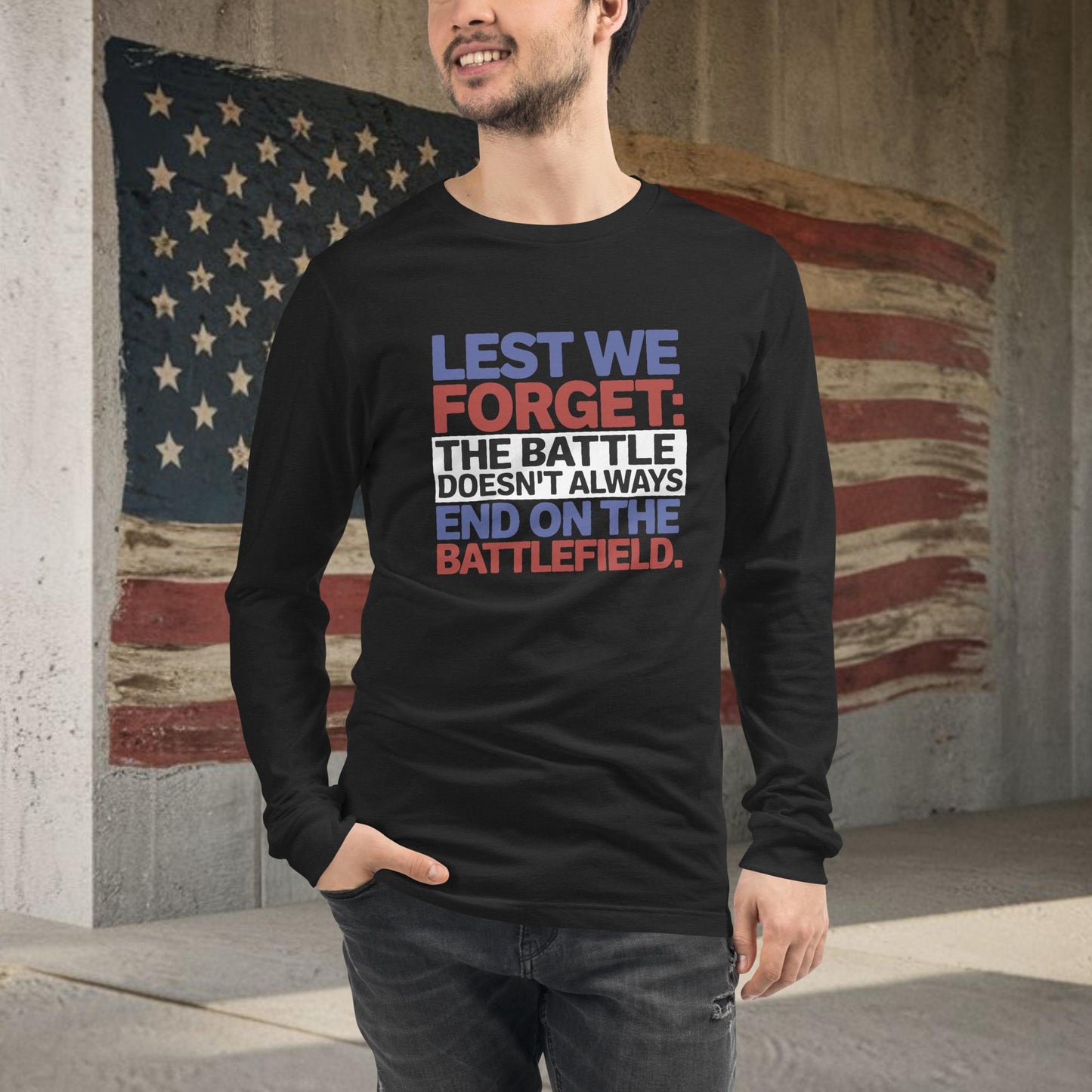 Lest We Forget shirt supporting veterans' PTSD awareness and mental health care
