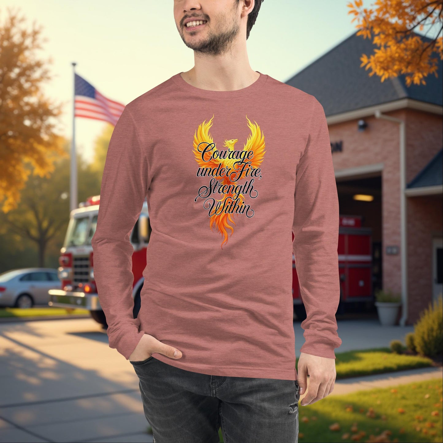 Courage Under Fire Firefighter Tribute Long Sleeve Tee for Bravery and PTSD Awareness