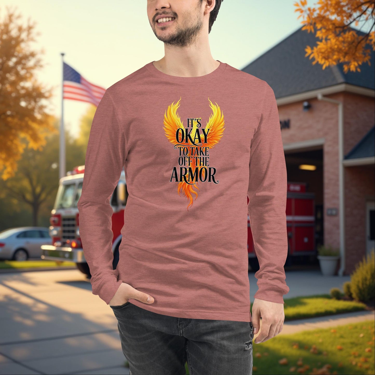 It's Okay To Take Off The Armor firefighter PTSD awareness long sleeve tee, mental health support shirt