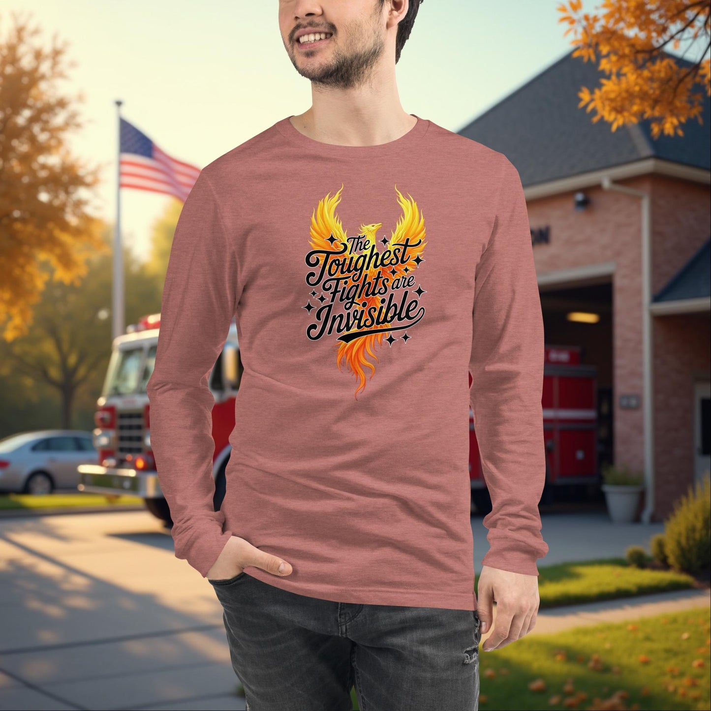 The Toughest Fights Are Invisible Firefighter PTSD Awareness Long Sleeve Tee