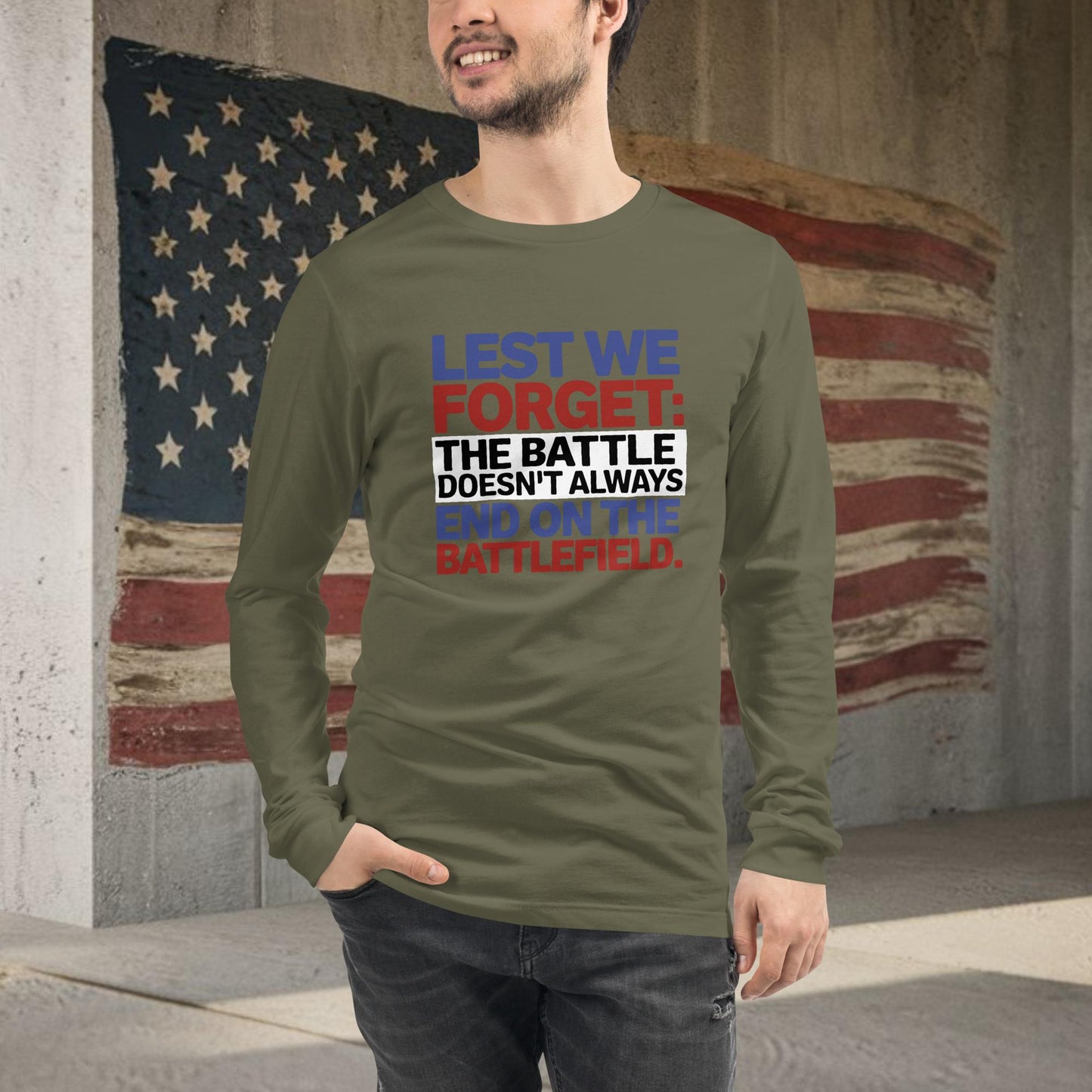 Lest We Forget shirt supporting veterans' PTSD awareness and mental health care