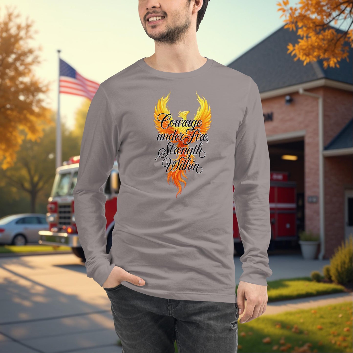 Courage Under Fire firefighter tribute long sleeve tee, bravery and mental health support shirt