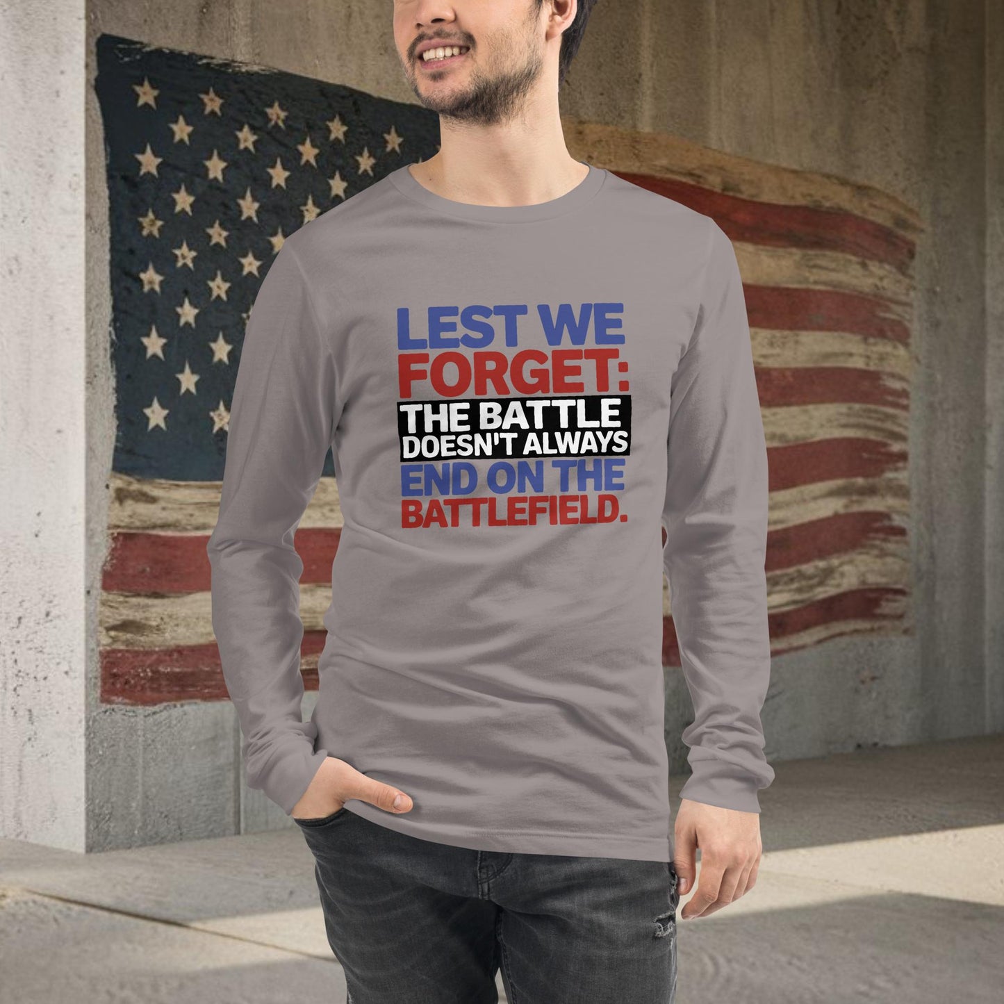 Lest We Forget shirt supporting veterans' PTSD awareness and mental health care