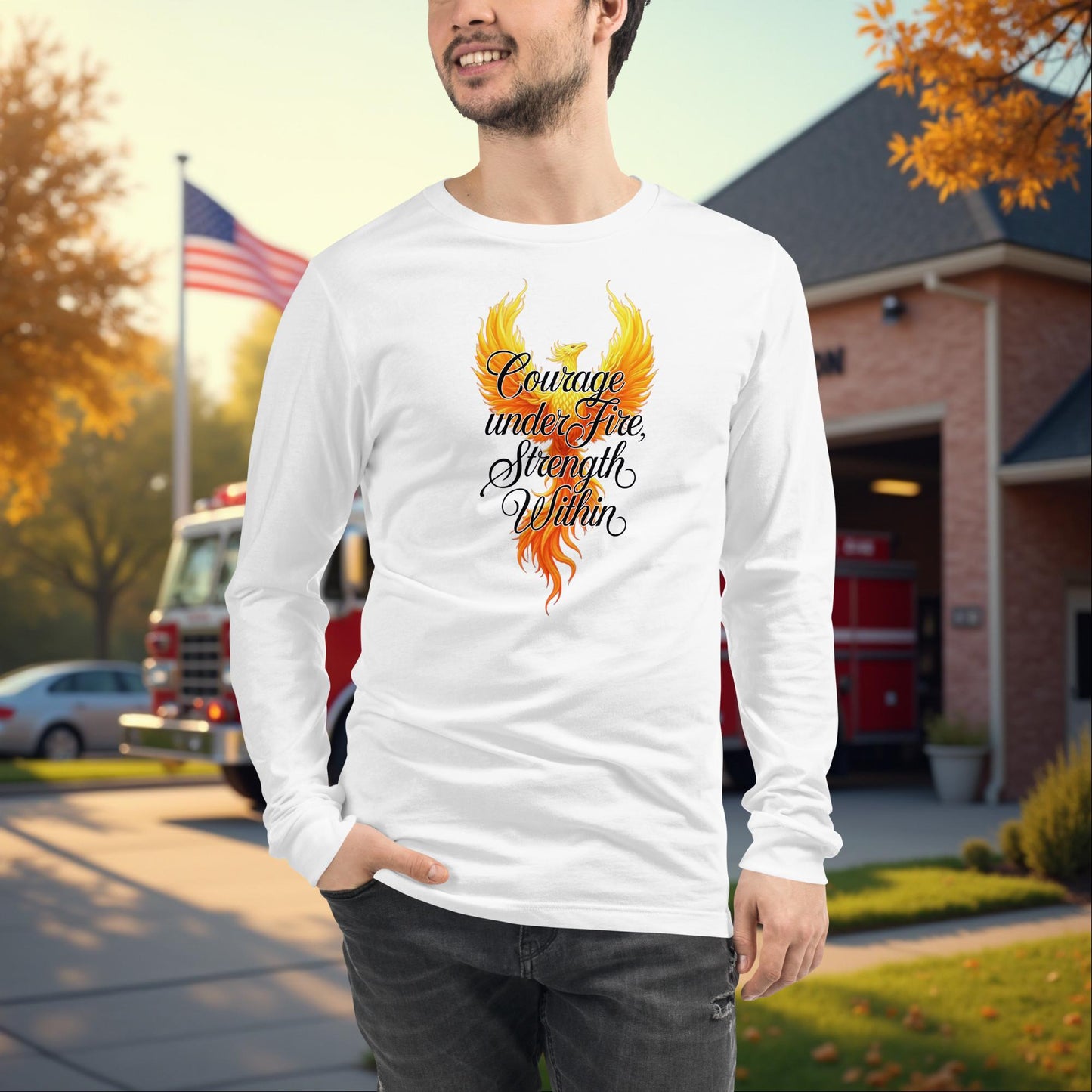 Courage Under Fire firefighter tribute long sleeve tee, bravery and mental health support shirt