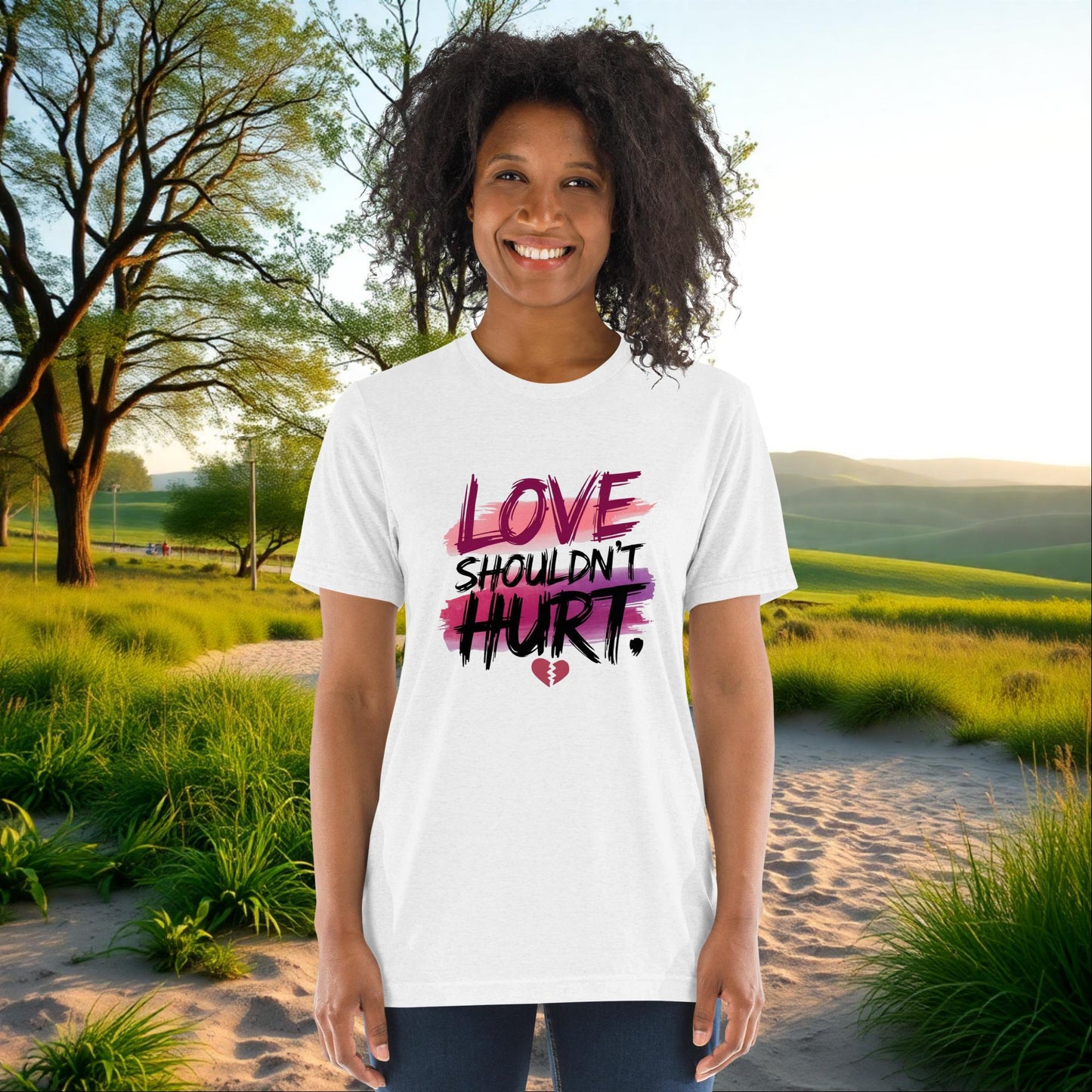 Love Shouldn’t Hurt unisex tri-blend t-shirt, personalized domestic abuse awareness and support shirt