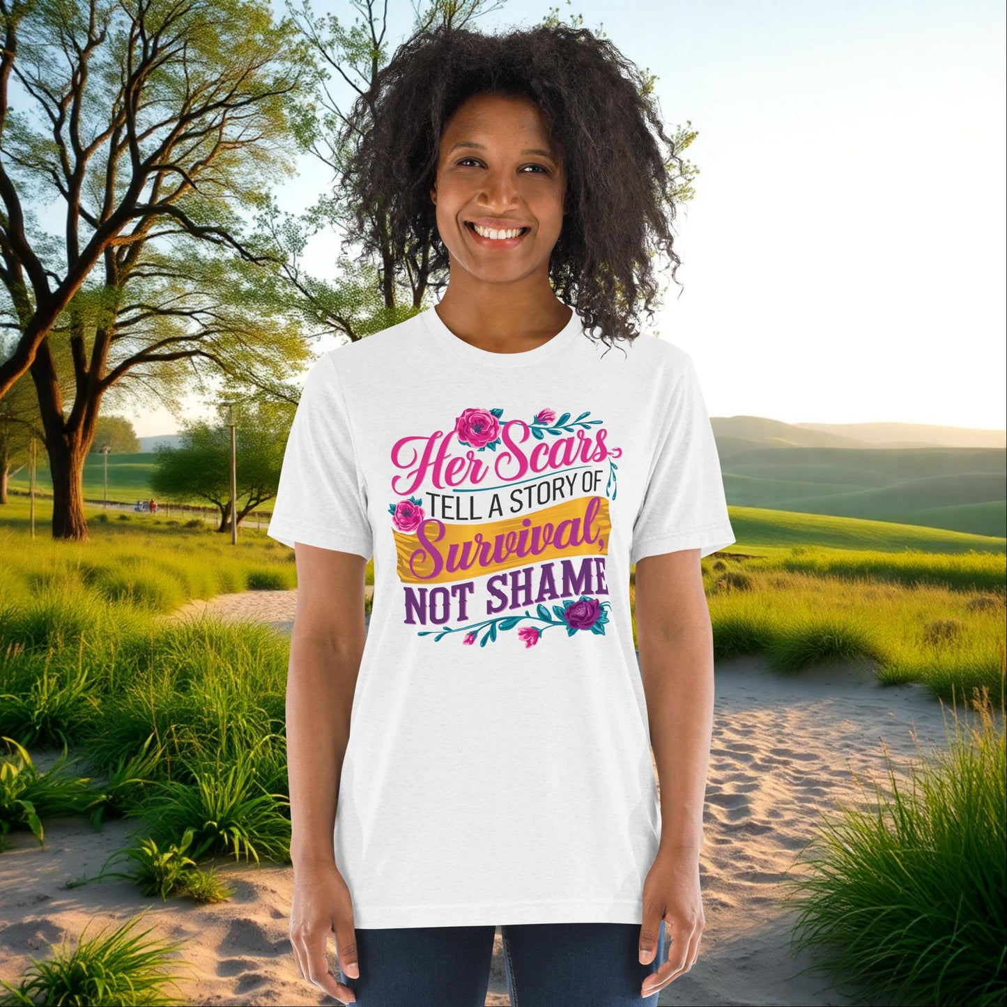 Her Scars Tell a Story of Survival unisex tri-blend t-shirt, personalized domestic violence empowerment apparel