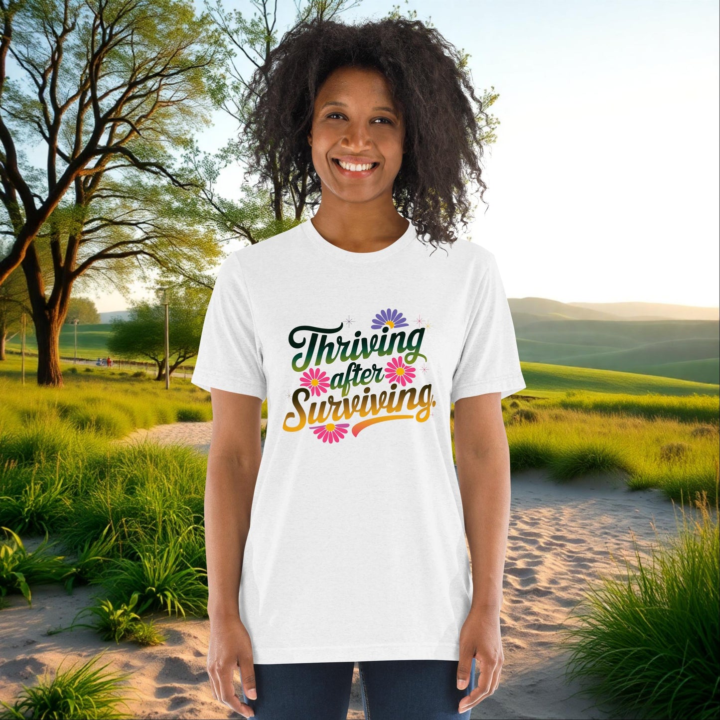 Thriving After Surviving unisex tri-blend t-shirt, personalized empowerment and healing shirt for trauma recovery